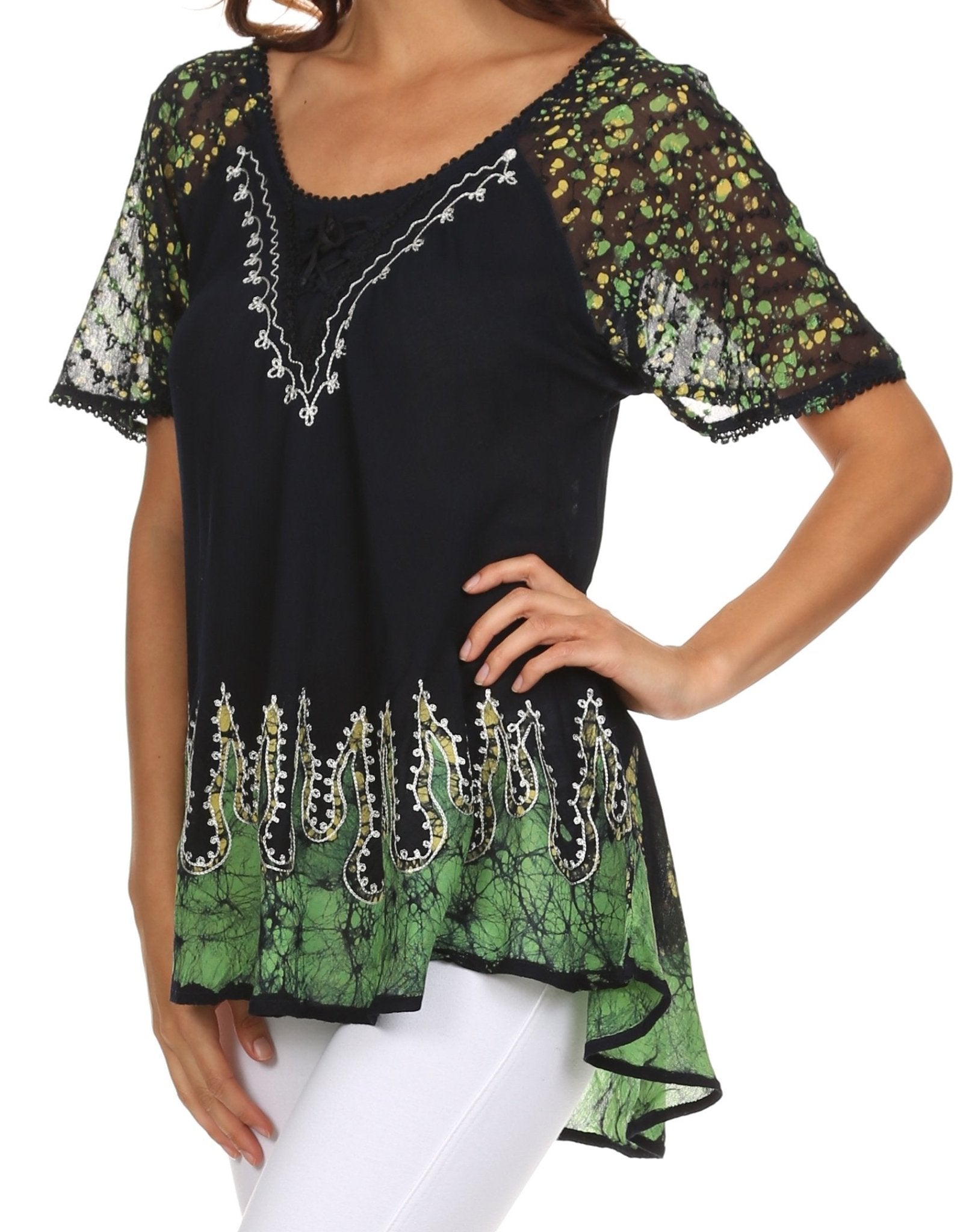 Sakkas Cora Relaxed Fit Batik Design Embroidery Cap Sleeves Blouse / Top tops La Vie Bien Sakkas Cora Relaxed Fit Batik Design Embroidery Cap Sleeves Blouse / Top
