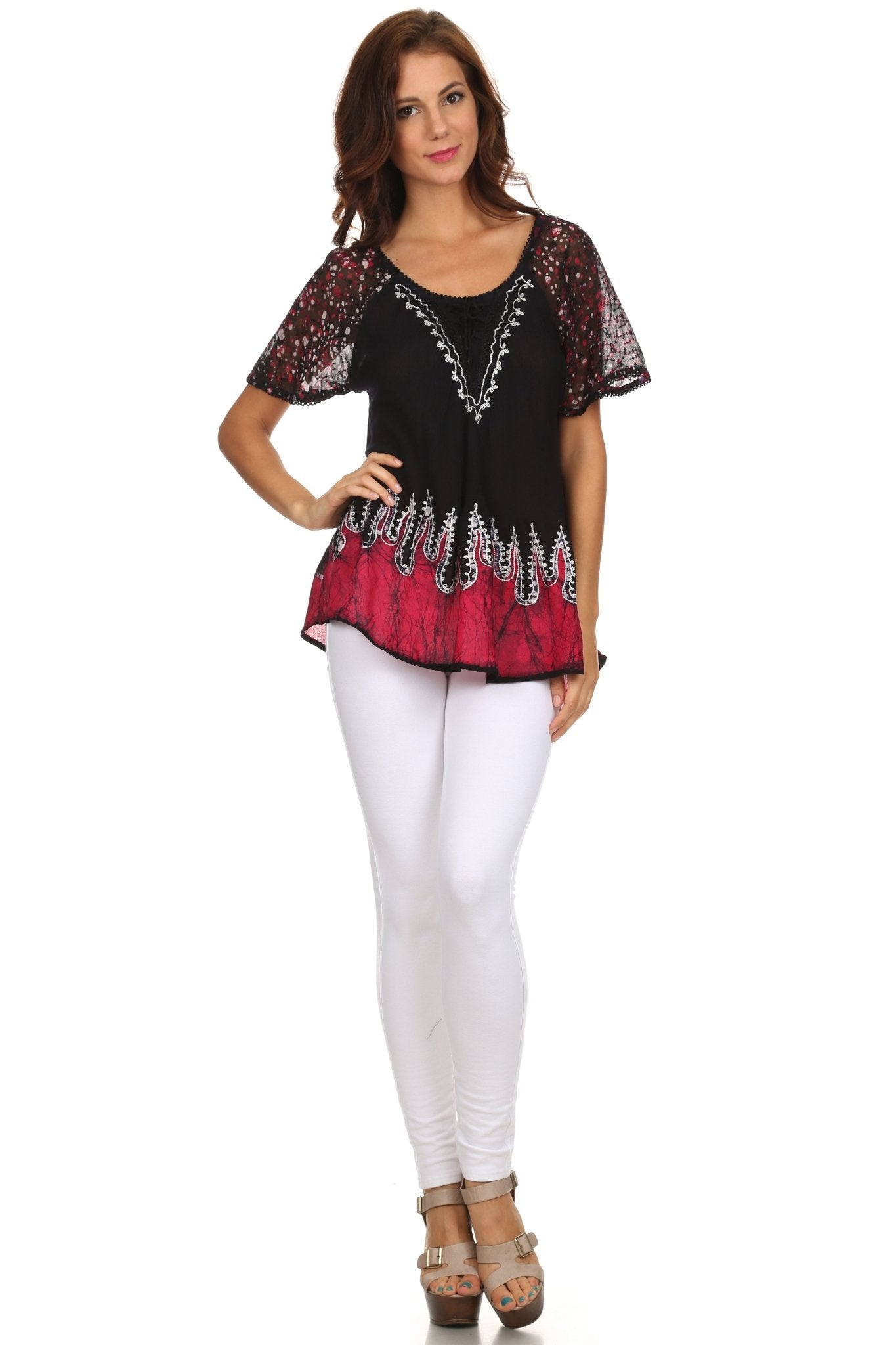 Sakkas Cora Relaxed Fit Batik Design Embroidery Cap Sleeves Blouse / Top tops La Vie Bien Sakkas Cora Relaxed Fit Batik Design Embroidery Cap Sleeves Blouse / Top