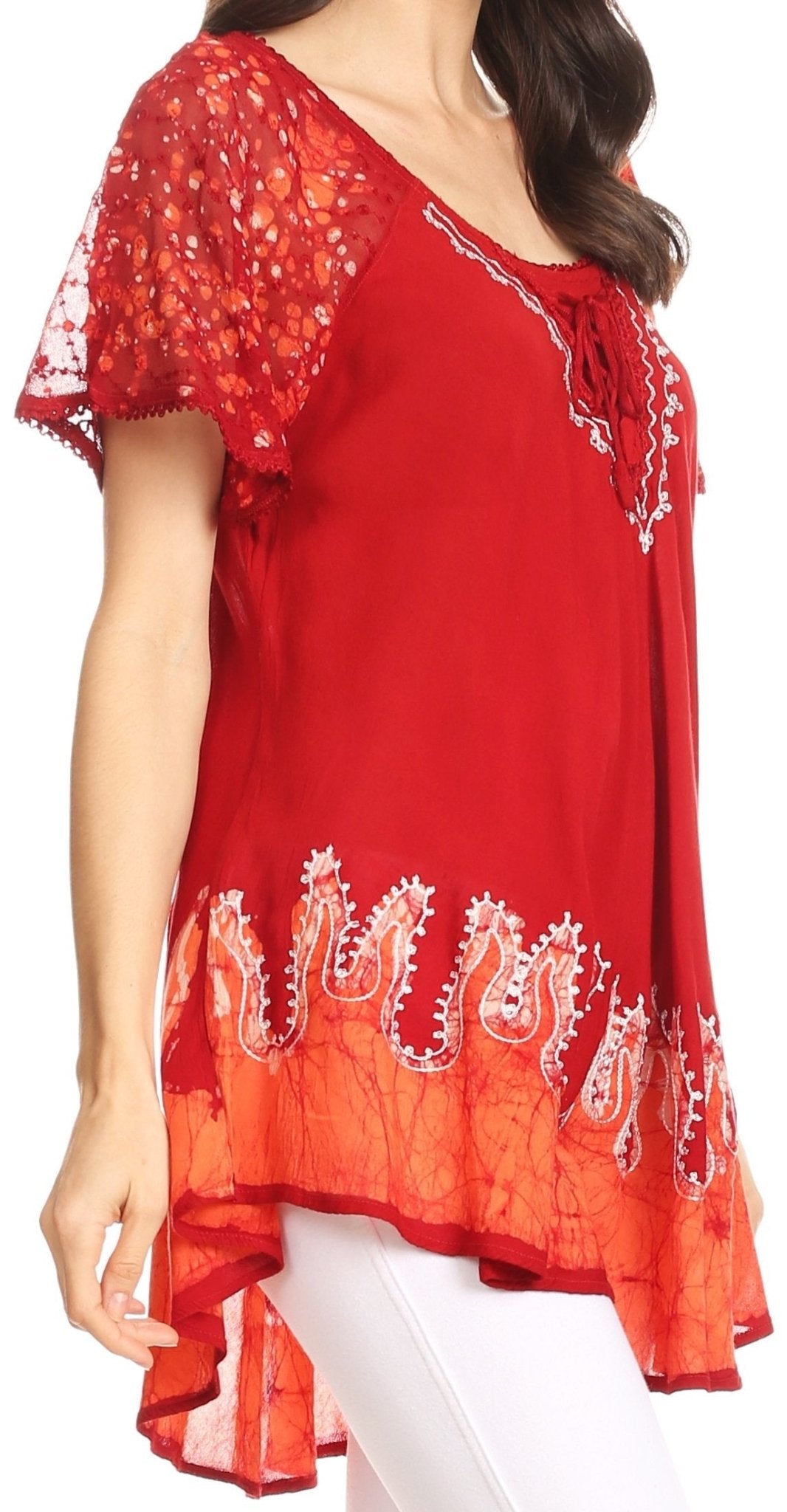 Sakkas Cora Relaxed Fit Batik Design Embroidery Cap Sleeves Blouse / Top tops La Vie Bien Sakkas Cora Relaxed Fit Batik Design Embroidery Cap Sleeves Blouse / Top