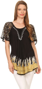 Sakkas Cora Relaxed Fit Batik Design Embroidery Cap Sleeves Blouse / Top tops La Vie Bien Sakkas Cora Relaxed Fit Batik Design Embroidery Cap Sleeves Blouse / Top
