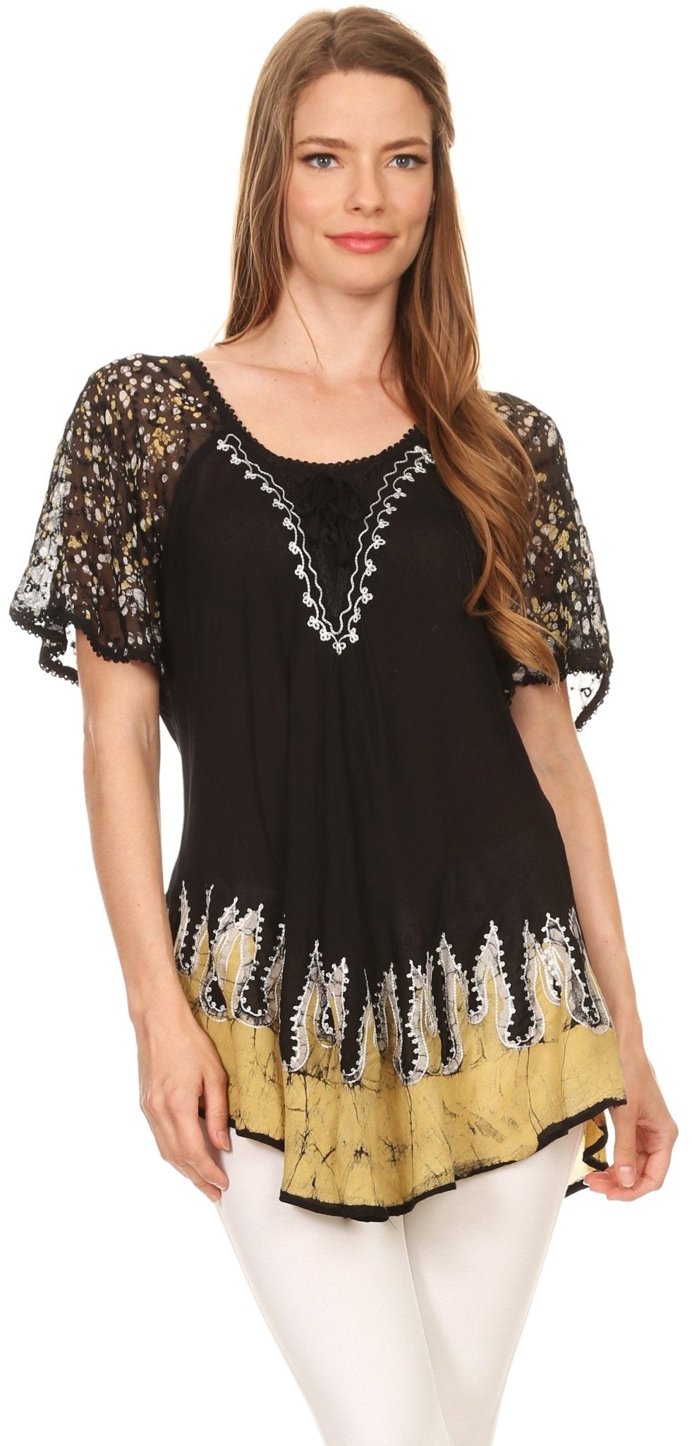 Sakkas Cora Relaxed Fit Batik Design Embroidery Cap Sleeves Blouse / Top tops La Vie Bien Sakkas Cora Relaxed Fit Batik Design Embroidery Cap Sleeves Blouse / Top