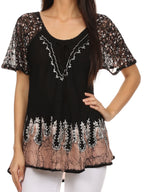 Sakkas Cora Relaxed Fit Batik Design Embroidery Cap Sleeves Blouse / Top tops La Vie Bien Sakkas Cora Relaxed Fit Batik Design Embroidery Cap Sleeves Blouse / Top