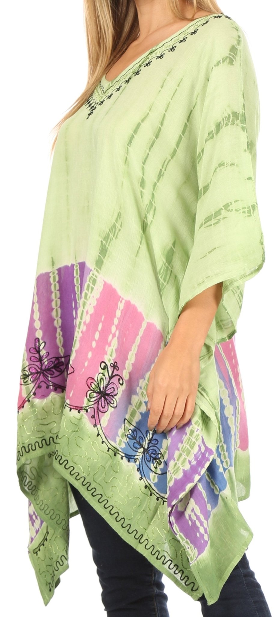 Sakkas Eliana Wide Long Tall Embroidered Tie Dye Ombre Batik Poncho Top Blouse tops La Vie Bien Sakkas Eliana Wide Long Tall Embroidered Tie Dye Ombre Batik Poncho Top Blouse