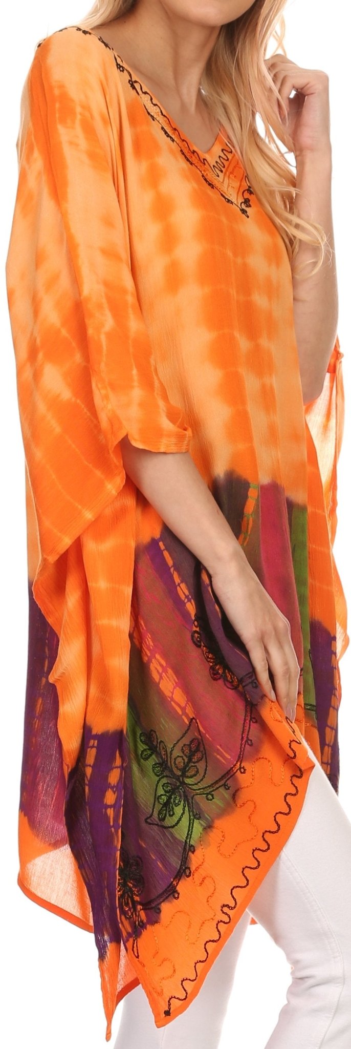 Sakkas Eliana Wide Long Tall Embroidered Tie Dye Ombre Batik Poncho Top Blouse tops La Vie Bien Sakkas Eliana Wide Long Tall Embroidered Tie Dye Ombre Batik Poncho Top Blouse