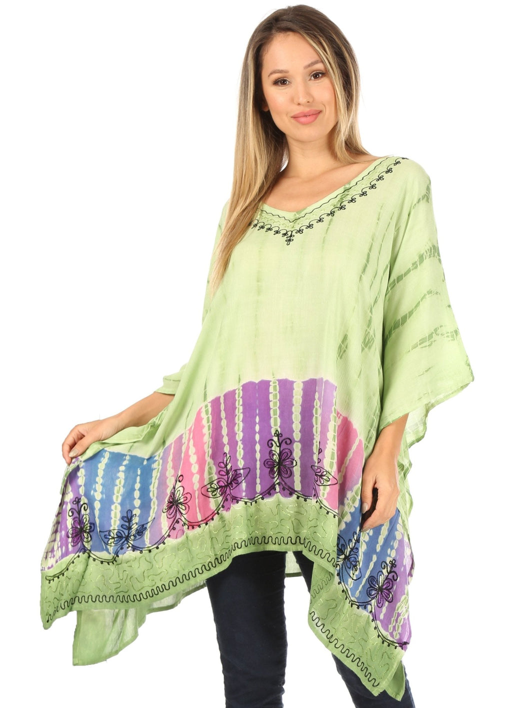 Sakkas Eliana Wide Long Tall Embroidered Tie Dye Ombre Batik Poncho Top Blouse tops La Vie Bien Sakkas Eliana Wide Long Tall Embroidered Tie Dye Ombre Batik Poncho Top Blouse