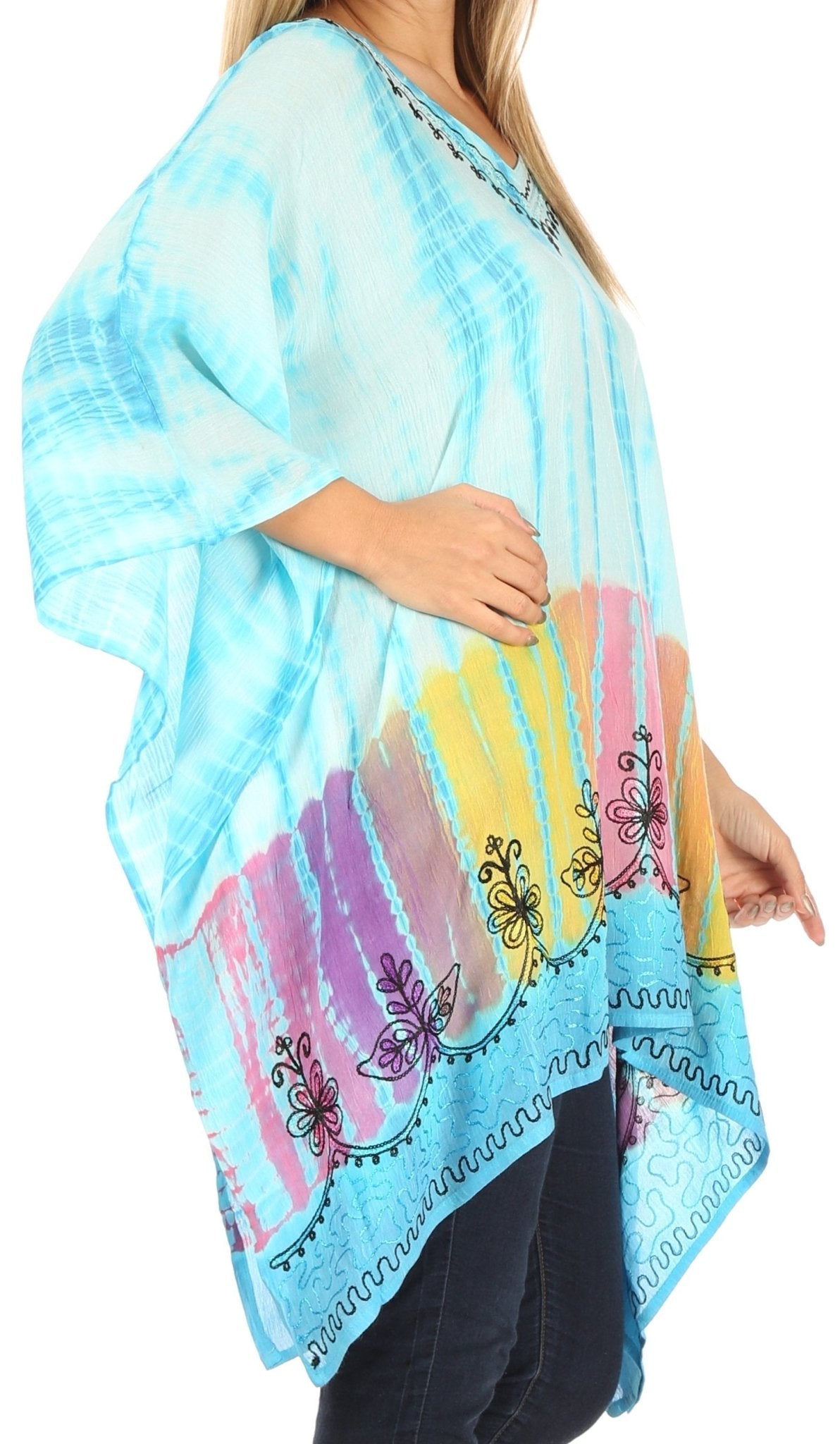 Sakkas Eliana Wide Long Tall Embroidered Tie Dye Ombre Batik Poncho Top Blouse tops La Vie Bien Sakkas Eliana Wide Long Tall Embroidered Tie Dye Ombre Batik Poncho Top Blouse