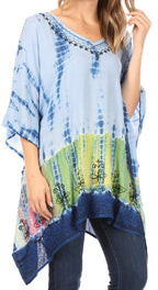 Sakkas Eliana Wide Long Tall Embroidered Tie Dye Ombre Batik Poncho Top Blouse tops La Vie Bien Sakkas Eliana Wide Long Tall Embroidered Tie Dye Ombre Batik Poncho Top Blouse