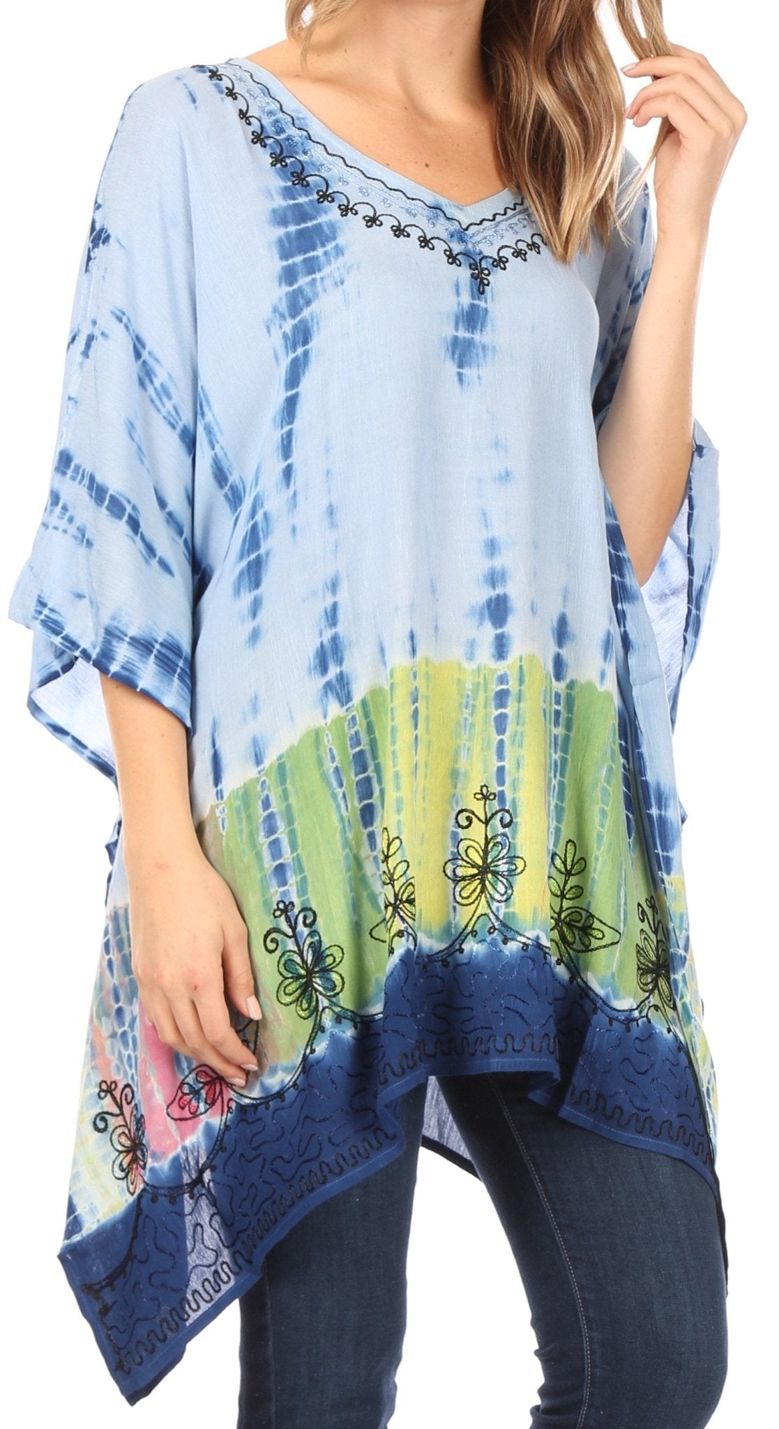 Sakkas Eliana Wide Long Tall Embroidered Tie Dye Ombre Batik Poncho Top Blouse tops La Vie Bien Sakkas Eliana Wide Long Tall Embroidered Tie Dye Ombre Batik Poncho Top Blouse