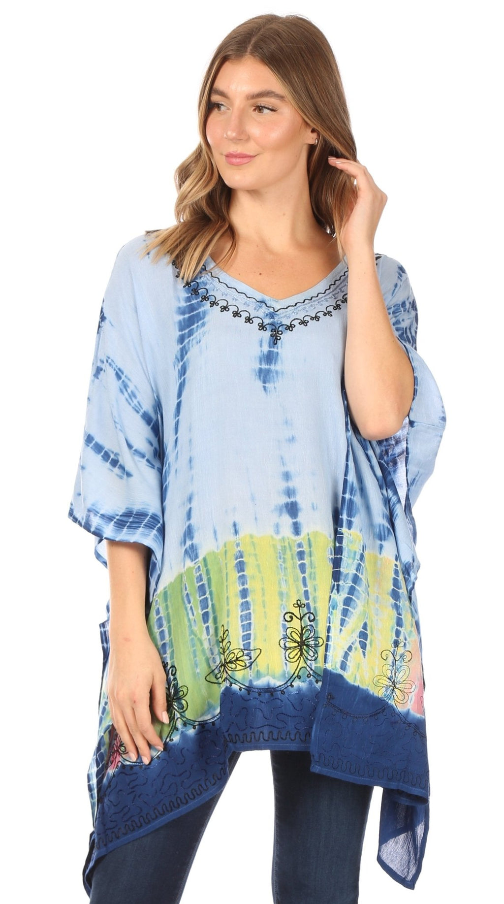 Sakkas Eliana Wide Long Tall Embroidered Tie Dye Ombre Batik Poncho Top Blouse tops La Vie Bien Sakkas Eliana Wide Long Tall Embroidered Tie Dye Ombre Batik Poncho Top Blouse