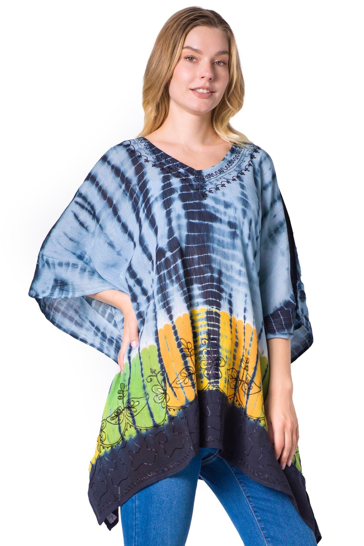 Sakkas Eliana Wide Long Tall Embroidered Tie Dye Ombre Batik Poncho Top Blouse tops La Vie Bien Sakkas Eliana Wide Long Tall Embroidered Tie Dye Ombre Batik Poncho Top Blouse