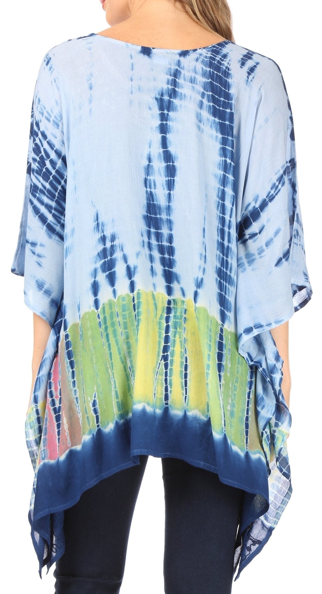Sakkas Eliana Wide Long Tall Embroidered Tie Dye Ombre Batik Poncho Top Blouse tops La Vie Bien Sakkas Eliana Wide Long Tall Embroidered Tie Dye Ombre Batik Poncho Top Blouse