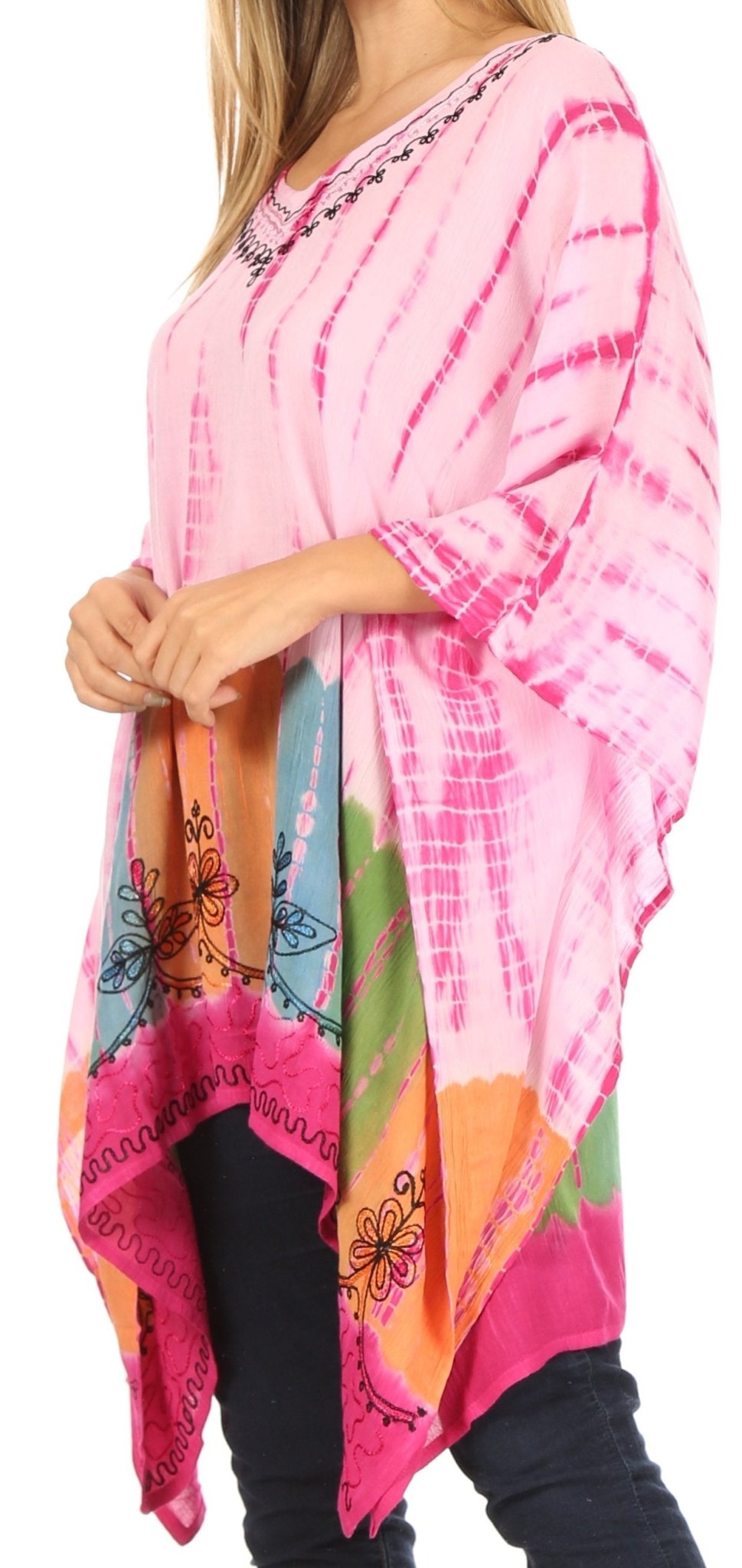 Sakkas Eliana Wide Long Tall Embroidered Tie Dye Ombre Batik Poncho Top Blouse tops La Vie Bien Sakkas Eliana Wide Long Tall Embroidered Tie Dye Ombre Batik Poncho Top Blouse