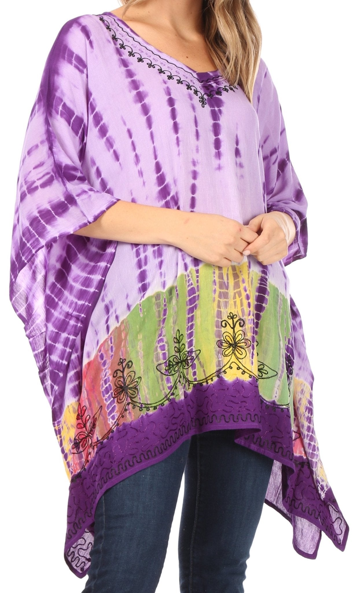Sakkas Eliana Wide Long Tall Embroidered Tie Dye Ombre Batik Poncho Top Blouse tops La Vie Bien Sakkas Eliana Wide Long Tall Embroidered Tie Dye Ombre Batik Poncho Top Blouse