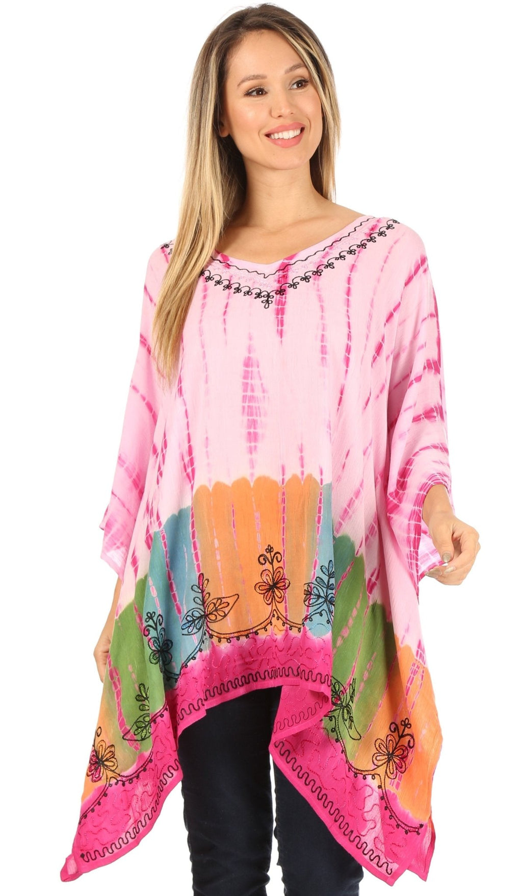 Sakkas Eliana Wide Long Tall Embroidered Tie Dye Ombre Batik Poncho Top Blouse tops La Vie Bien Sakkas Eliana Wide Long Tall Embroidered Tie Dye Ombre Batik Poncho Top Blouse