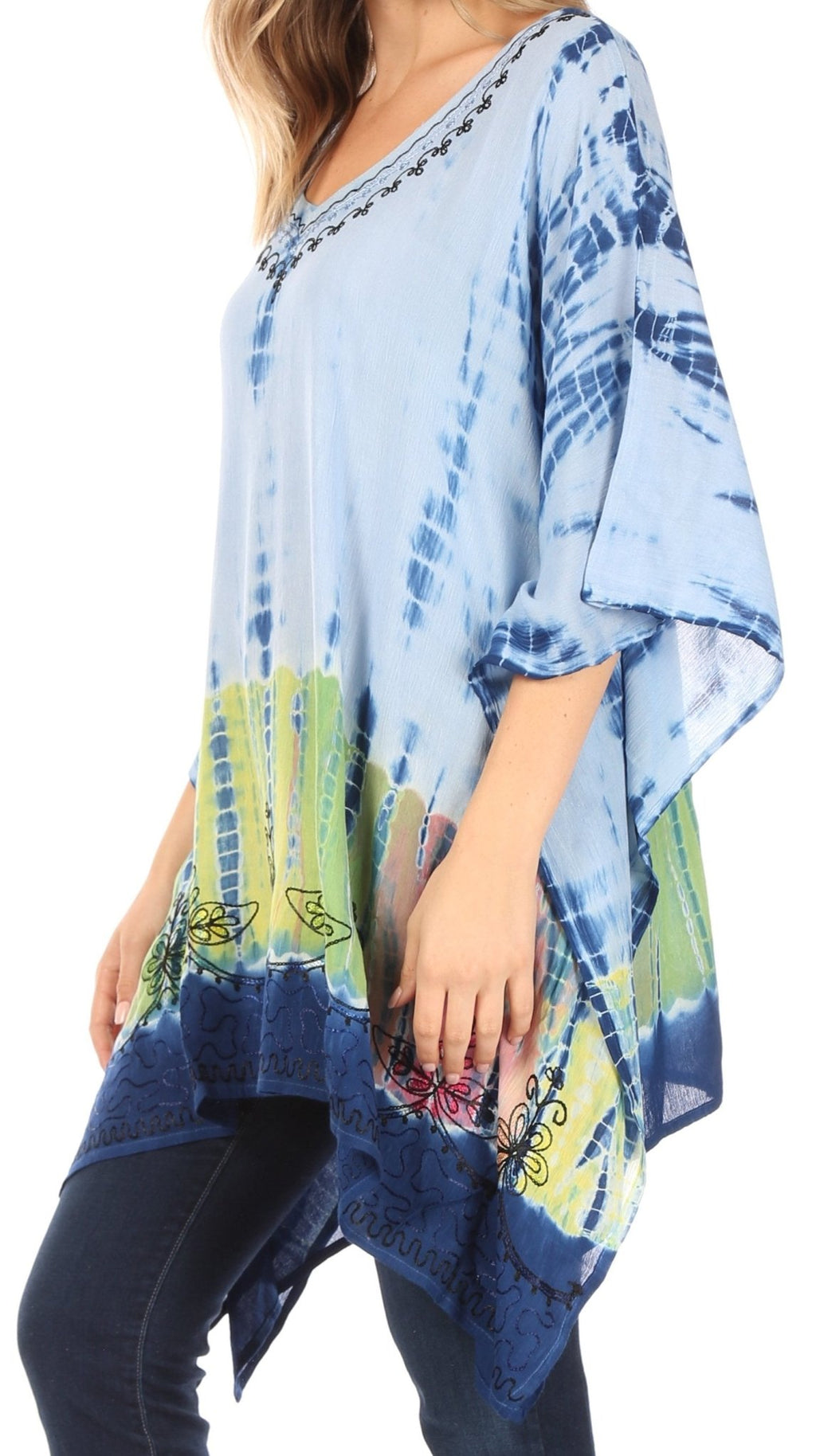 Sakkas Eliana Wide Long Tall Embroidered Tie Dye Ombre Batik Poncho Top Blouse tops La Vie Bien Sakkas Eliana Wide Long Tall Embroidered Tie Dye Ombre Batik Poncho Top Blouse