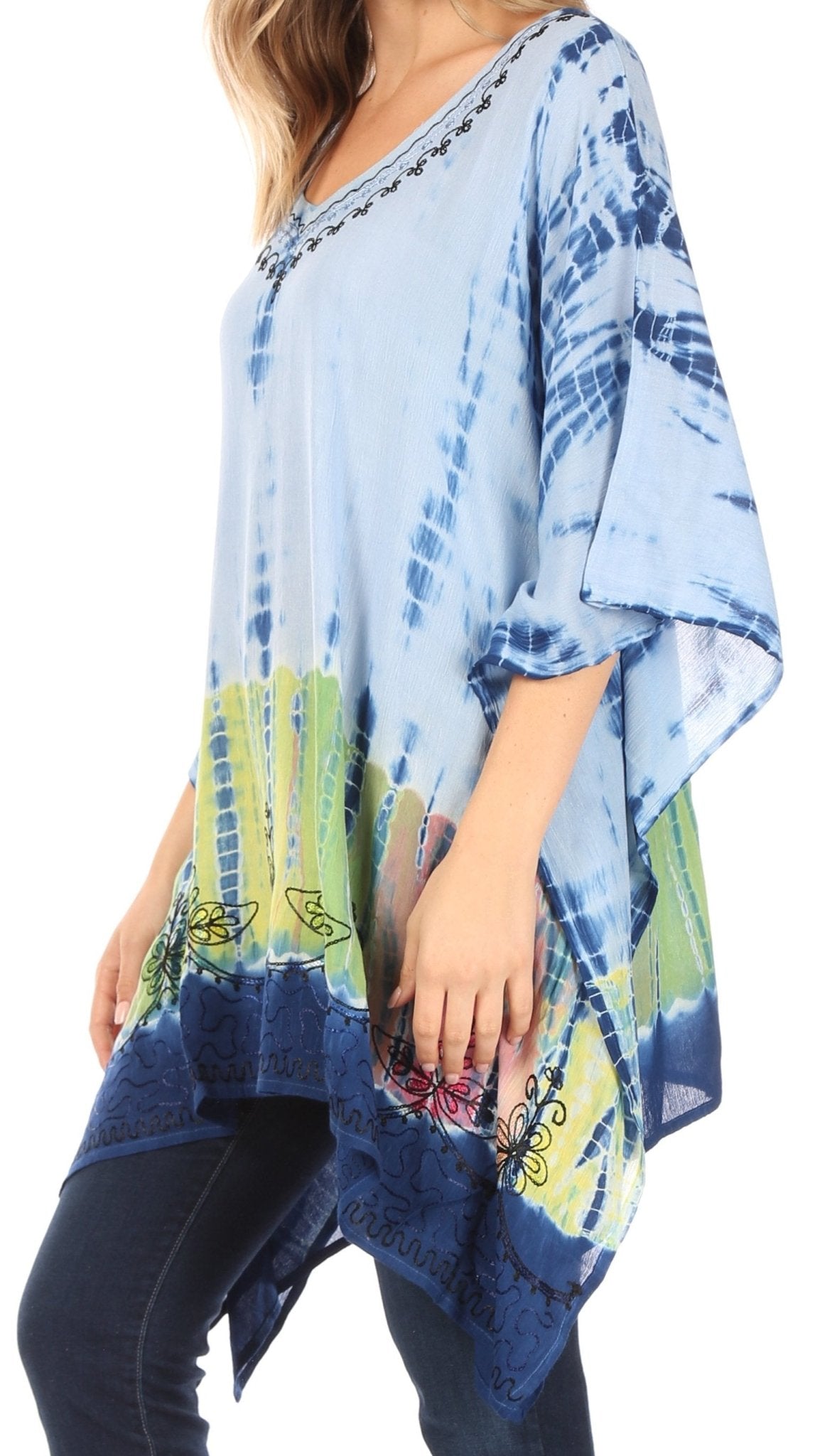 Sakkas Eliana Wide Long Tall Embroidered Tie Dye Ombre Batik Poncho Top Blouse tops La Vie Bien Sakkas Eliana Wide Long Tall Embroidered Tie Dye Ombre Batik Poncho Top Blouse