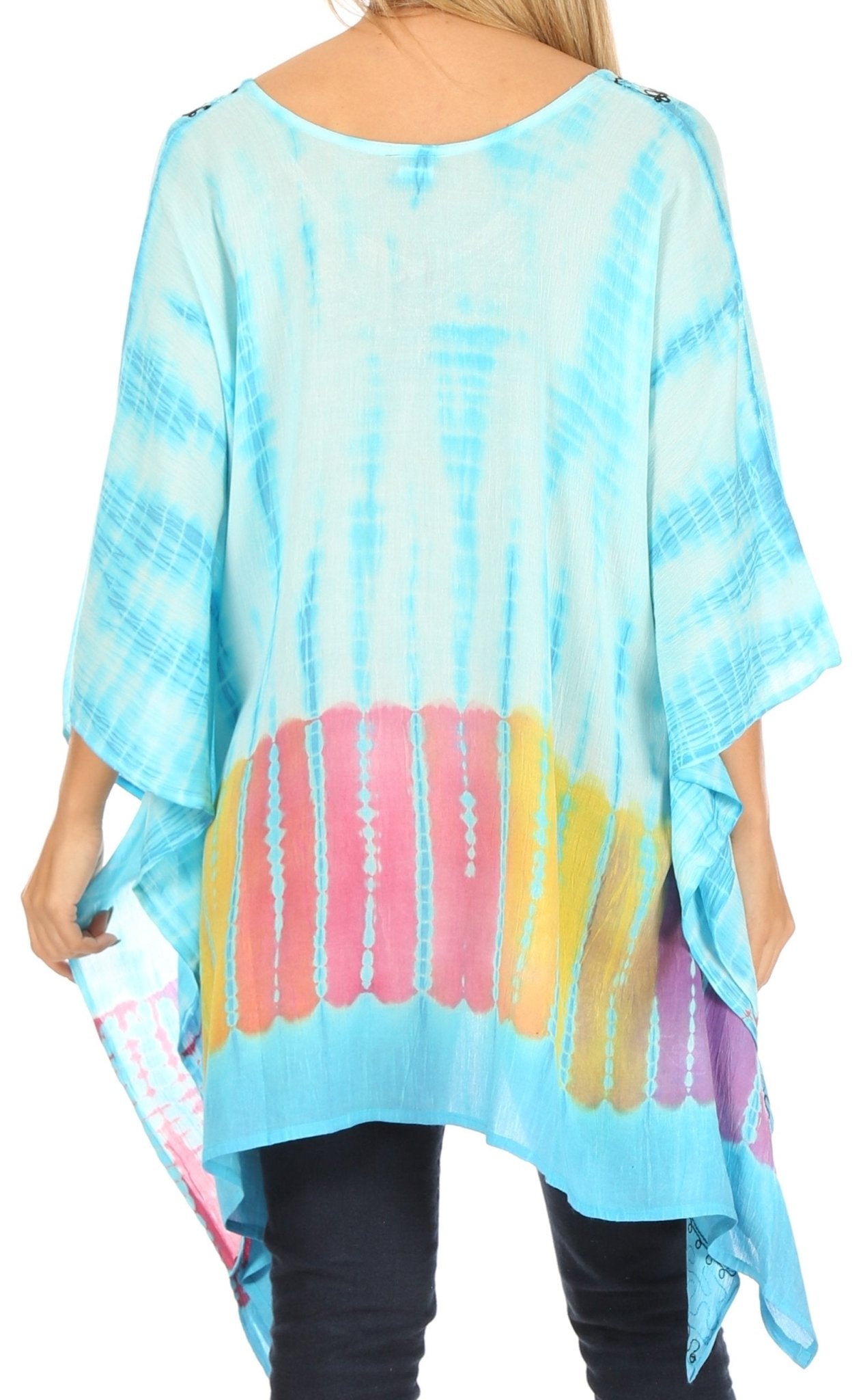Sakkas Eliana Wide Long Tall Embroidered Tie Dye Ombre Batik Poncho Top Blouse tops La Vie Bien Sakkas Eliana Wide Long Tall Embroidered Tie Dye Ombre Batik Poncho Top Blouse