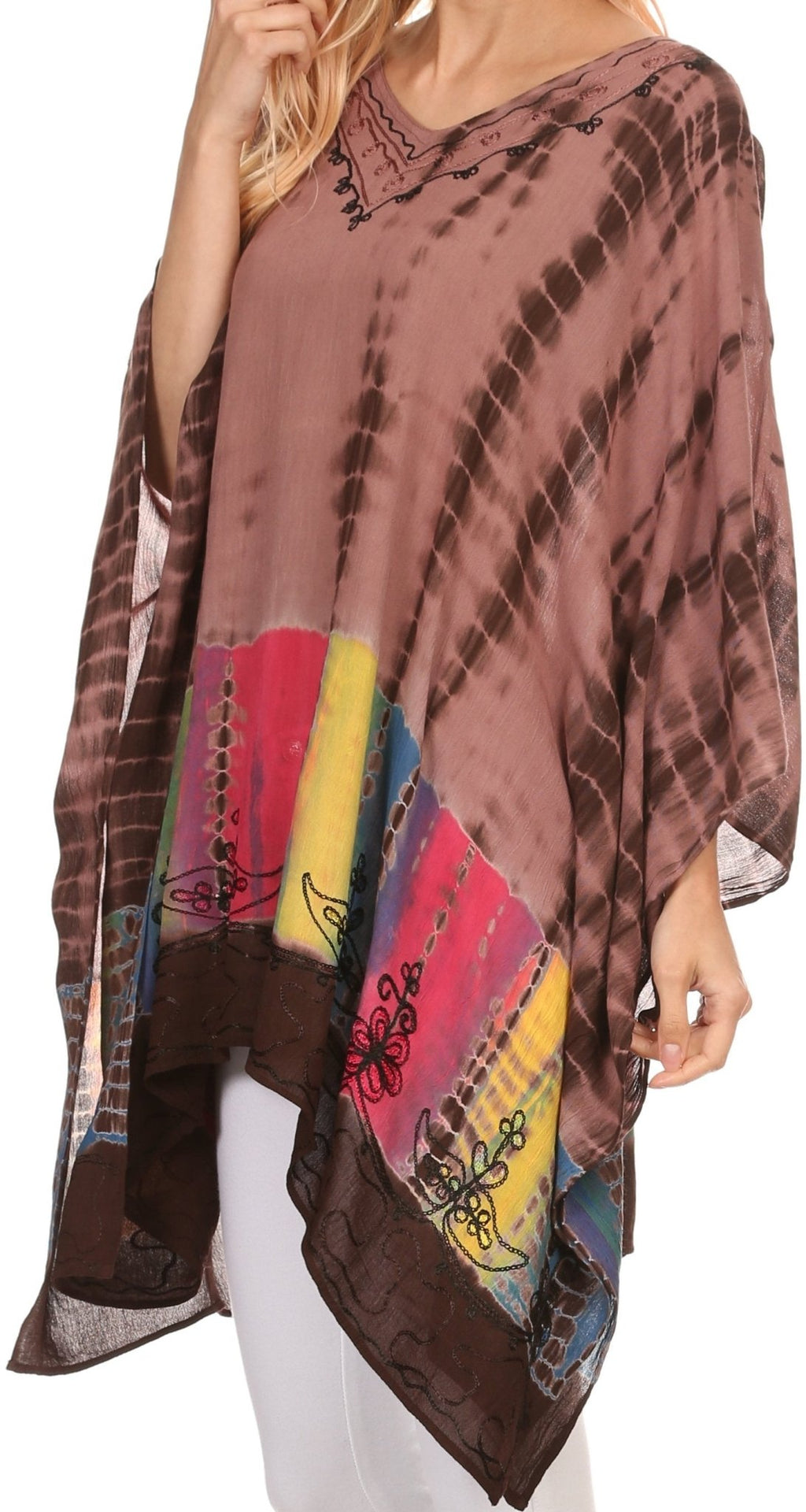 Sakkas Eliana Wide Long Tall Embroidered Tie Dye Ombre Batik Poncho Top Blouse tops La Vie Bien Sakkas Eliana Wide Long Tall Embroidered Tie Dye Ombre Batik Poncho Top Blouse