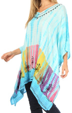 Sakkas Eliana Wide Long Tall Embroidered Tie Dye Ombre Batik Poncho Top Blouse tops La Vie Bien Sakkas Eliana Wide Long Tall Embroidered Tie Dye Ombre Batik Poncho Top Blouse