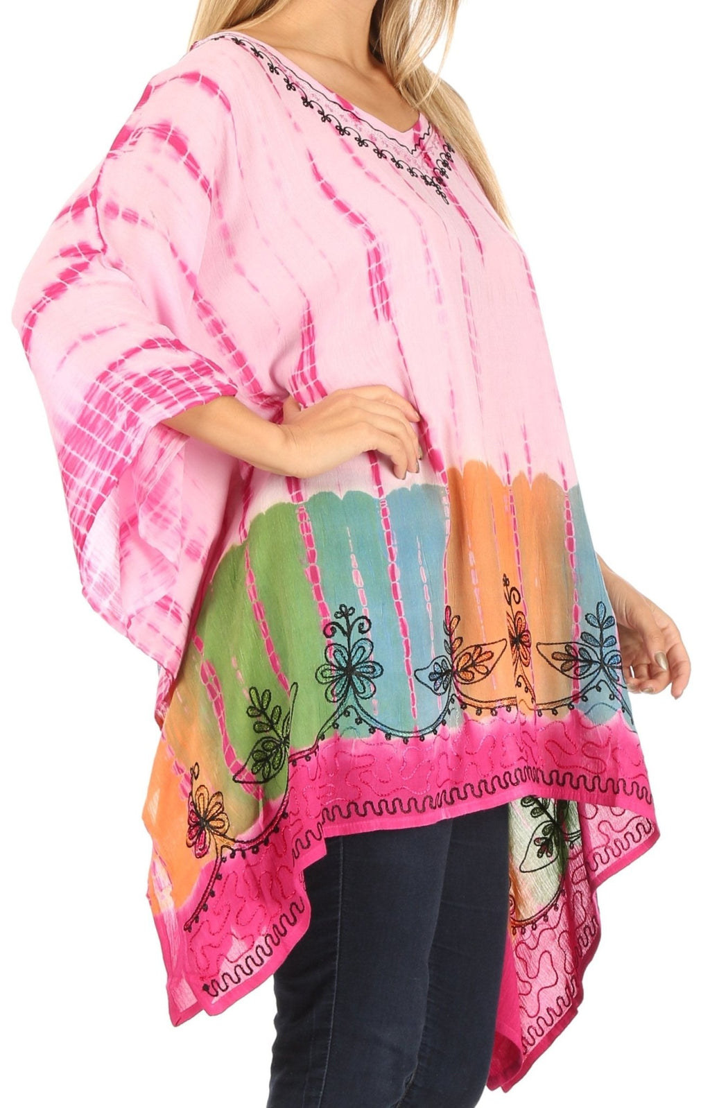 Sakkas Eliana Wide Long Tall Embroidered Tie Dye Ombre Batik Poncho Top Blouse tops La Vie Bien Sakkas Eliana Wide Long Tall Embroidered Tie Dye Ombre Batik Poncho Top Blouse