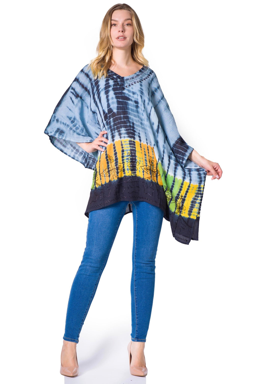 Sakkas Eliana Wide Long Tall Embroidered Tie Dye Ombre Batik Poncho Top Blouse tops La Vie Bien Sakkas Eliana Wide Long Tall Embroidered Tie Dye Ombre Batik Poncho Top Blouse
