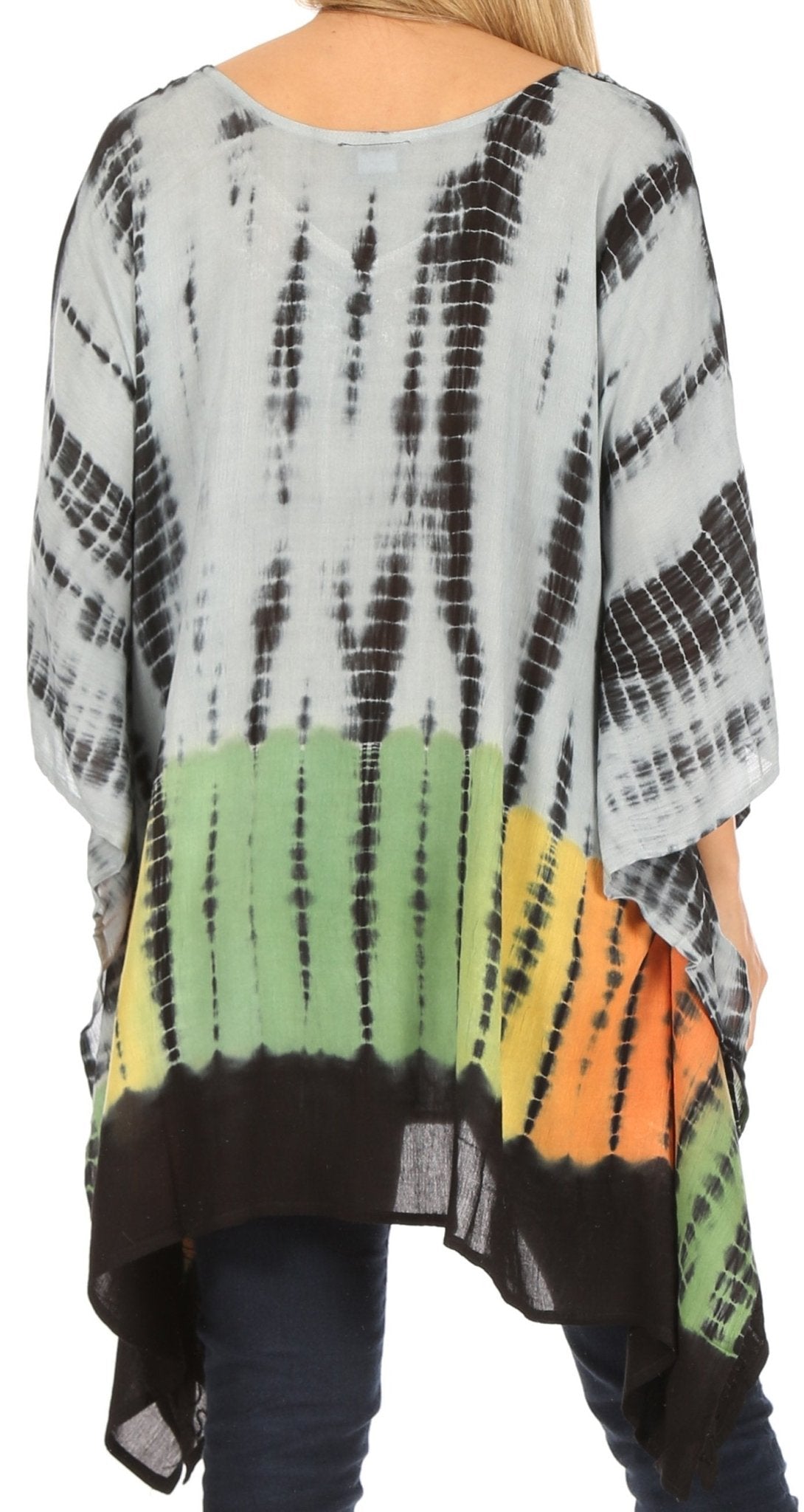 Sakkas Eliana Wide Long Tall Embroidered Tie Dye Ombre Batik Poncho Top Blouse tops La Vie Bien Sakkas Eliana Wide Long Tall Embroidered Tie Dye Ombre Batik Poncho Top Blouse