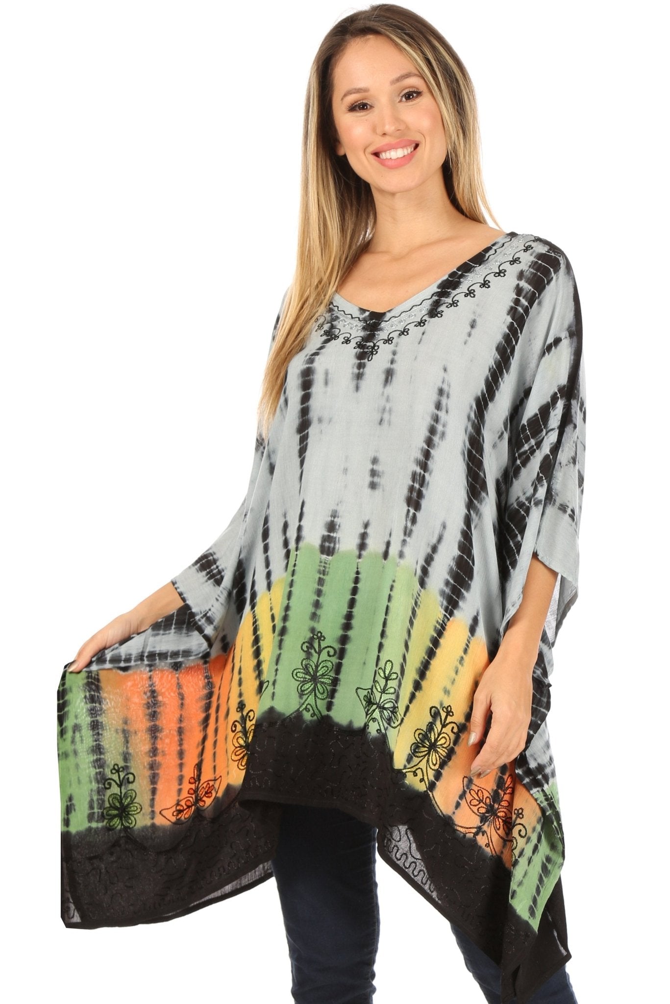 Sakkas Eliana Wide Long Tall Embroidered Tie Dye Ombre Batik Poncho Top Blouse tops La Vie Bien Sakkas Eliana Wide Long Tall Embroidered Tie Dye Ombre Batik Poncho Top Blouse