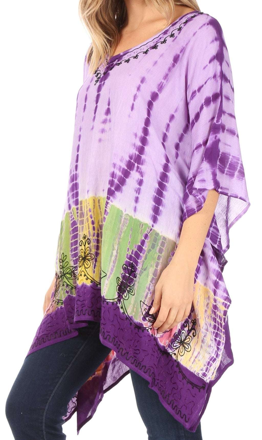Sakkas Eliana Wide Long Tall Embroidered Tie Dye Ombre Batik Poncho Top Blouse tops La Vie Bien Sakkas Eliana Wide Long Tall Embroidered Tie Dye Ombre Batik Poncho Top Blouse