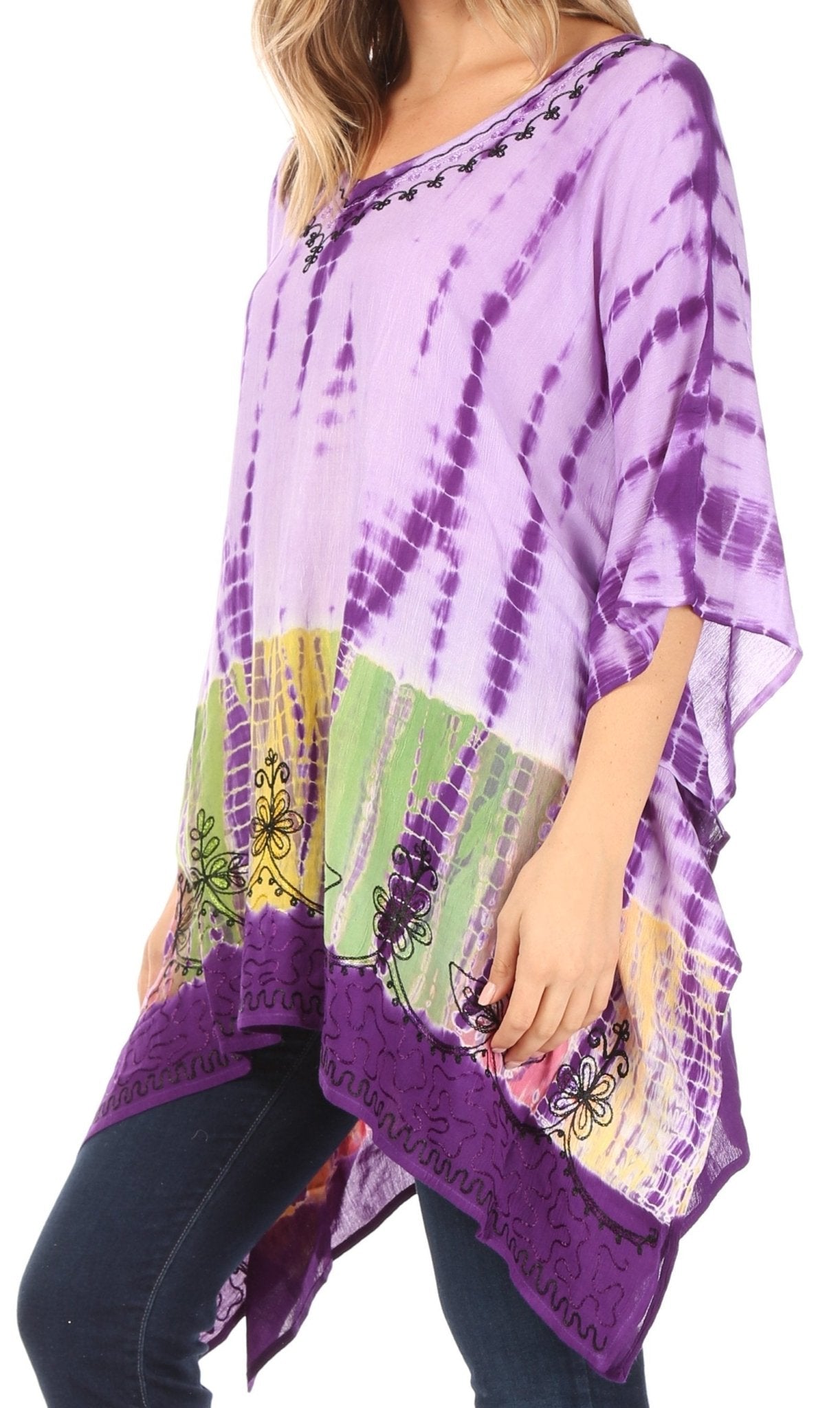 Sakkas Eliana Wide Long Tall Embroidered Tie Dye Ombre Batik Poncho Top Blouse tops La Vie Bien Sakkas Eliana Wide Long Tall Embroidered Tie Dye Ombre Batik Poncho Top Blouse