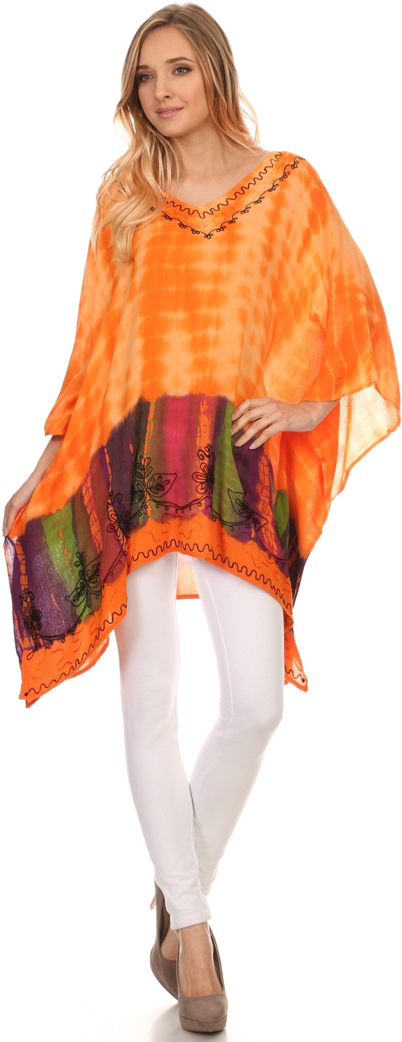 Sakkas Eliana Wide Long Tall Embroidered Tie Dye Ombre Batik Poncho Top Blouse tops La Vie Bien Sakkas Eliana Wide Long Tall Embroidered Tie Dye Ombre Batik Poncho Top Blouse