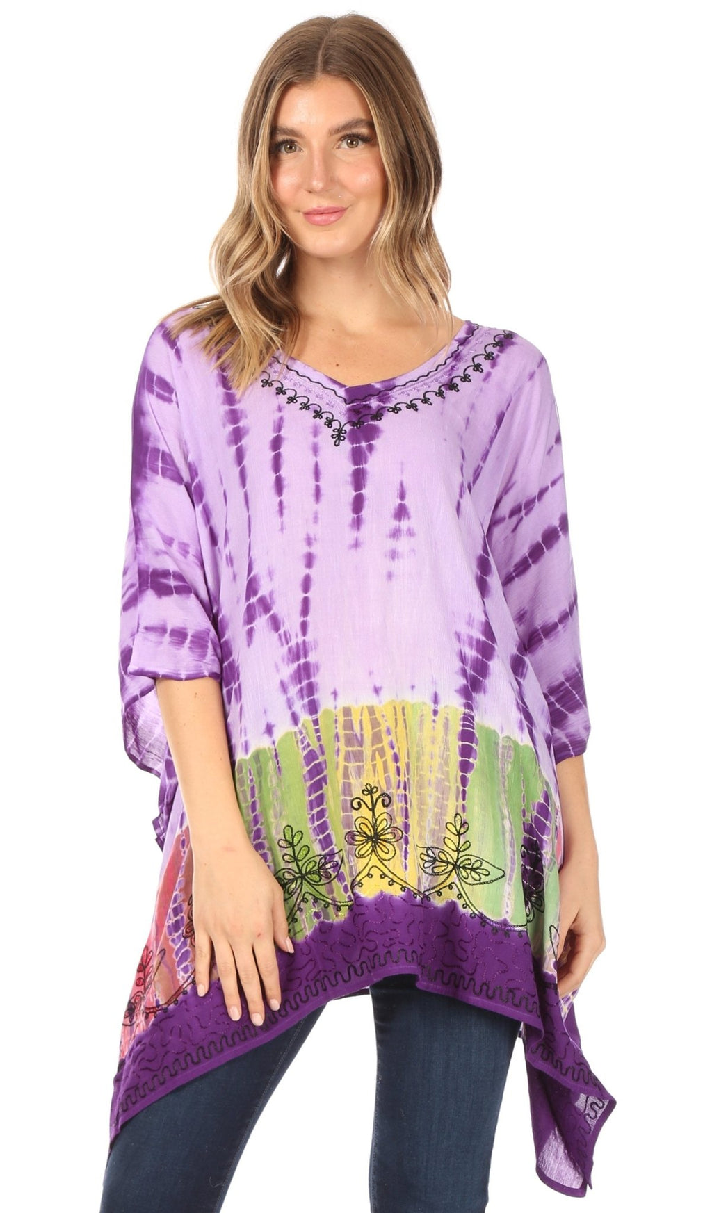 Sakkas Eliana Wide Long Tall Embroidered Tie Dye Ombre Batik Poncho Top Blouse tops La Vie Bien Sakkas Eliana Wide Long Tall Embroidered Tie Dye Ombre Batik Poncho Top Blouse