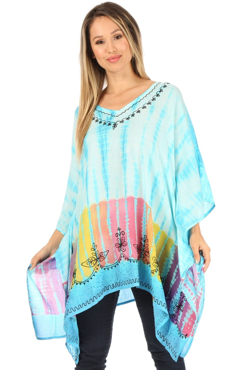 Sakkas Eliana Wide Long Tall Embroidered Tie Dye Ombre Batik Poncho Top Blouse tops La Vie Bien Sakkas Eliana Wide Long Tall Embroidered Tie Dye Ombre Batik Poncho Top Blouse