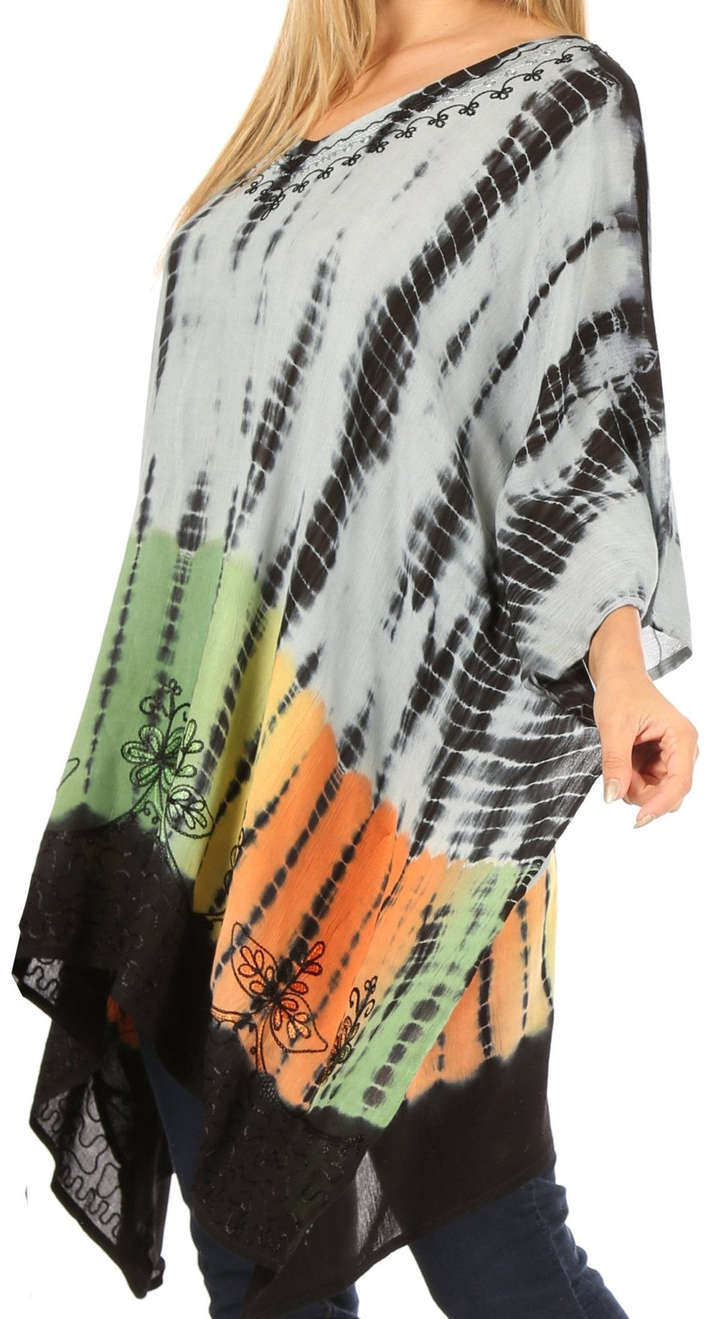 Sakkas Eliana Wide Long Tall Embroidered Tie Dye Ombre Batik Poncho Top Blouse tops La Vie Bien Sakkas Eliana Wide Long Tall Embroidered Tie Dye Ombre Batik Poncho Top Blouse