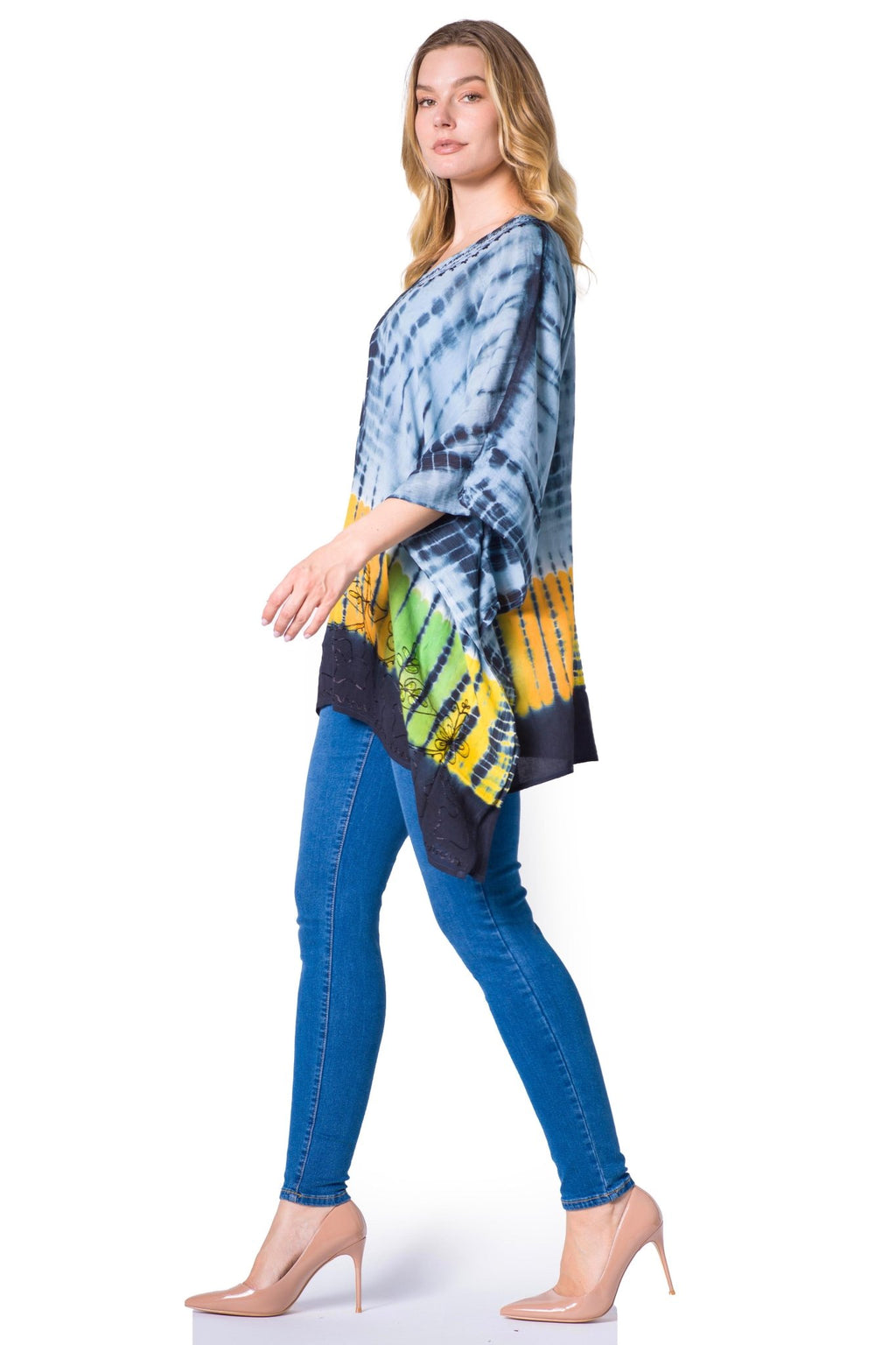 Sakkas Eliana Wide Long Tall Embroidered Tie Dye Ombre Batik Poncho Top Blouse tops La Vie Bien Sakkas Eliana Wide Long Tall Embroidered Tie Dye Ombre Batik Poncho Top Blouse
