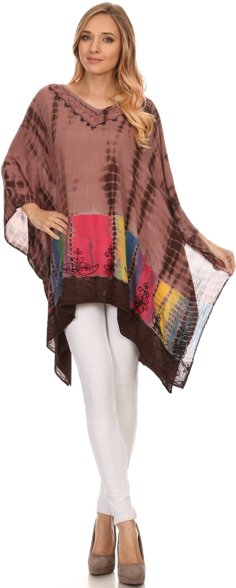 Sakkas Eliana Wide Long Tall Embroidered Tie Dye Ombre Batik Poncho Top Blouse tops La Vie Bien Sakkas Eliana Wide Long Tall Embroidered Tie Dye Ombre Batik Poncho Top Blouse