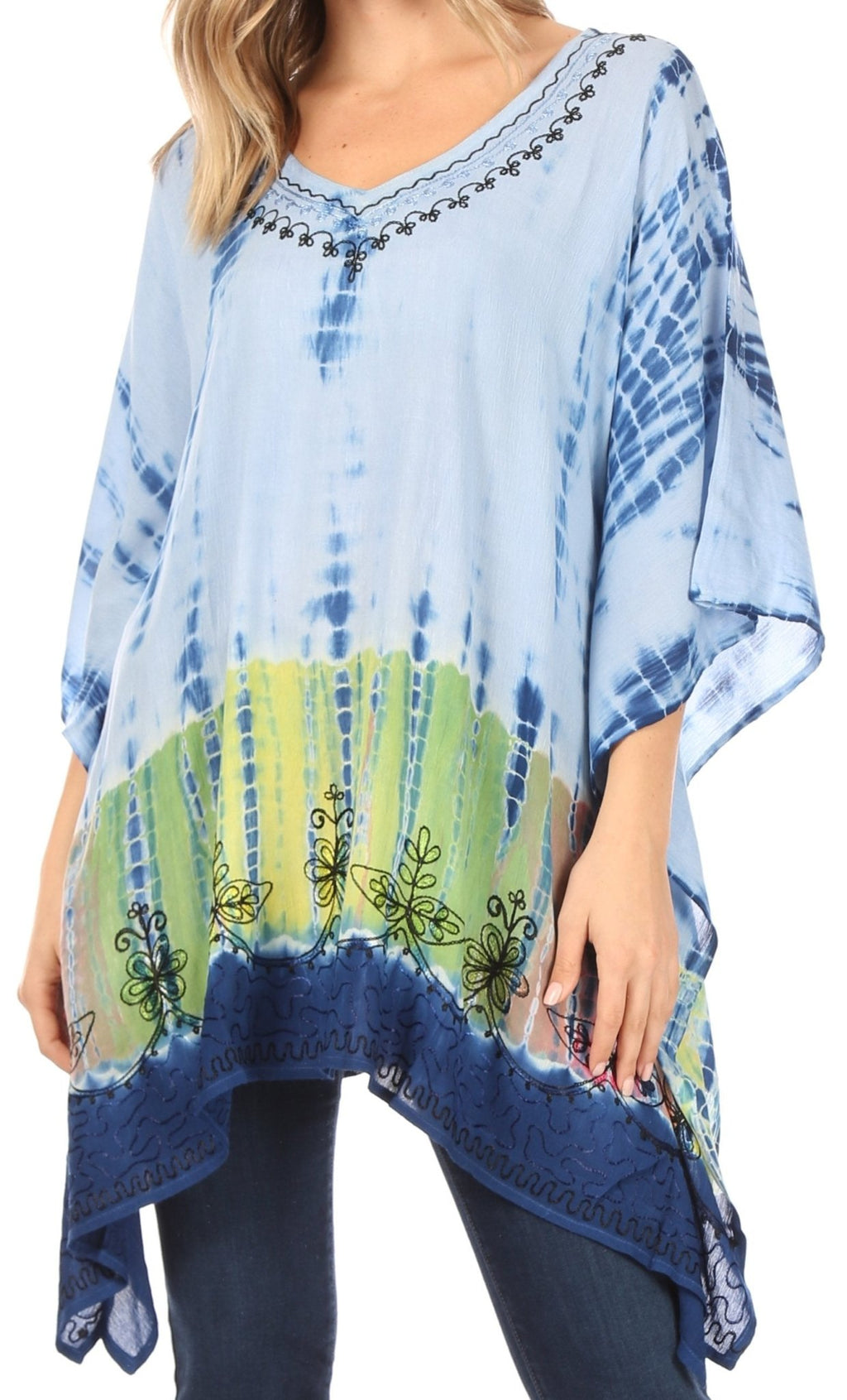 Sakkas Eliana Wide Long Tall Embroidered Tie Dye Ombre Batik Poncho Top Blouse tops La Vie Bien Sakkas Eliana Wide Long Tall Embroidered Tie Dye Ombre Batik Poncho Top Blouse