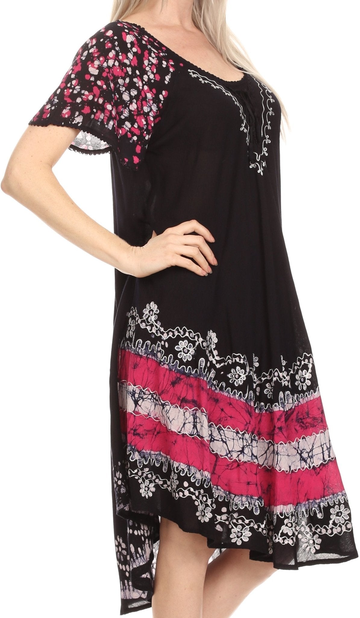 Sakkas Elisha Mid Length Batik Caftan Embroidered Cap Sleeves Floral Pattern dresses La Vie Bien Sakkas Elisha Mid Length Batik Caftan Embroidered Cap Sleeves Floral Pattern