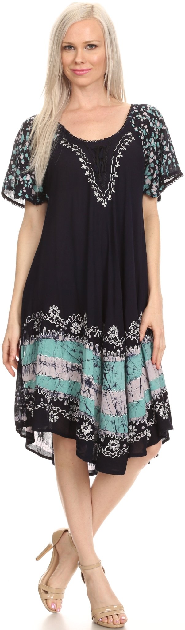 Sakkas Elisha Mid Length Batik Caftan Embroidered Cap Sleeves Floral Pattern dresses La Vie Bien Sakkas Elisha Mid Length Batik Caftan Embroidered Cap Sleeves Floral Pattern