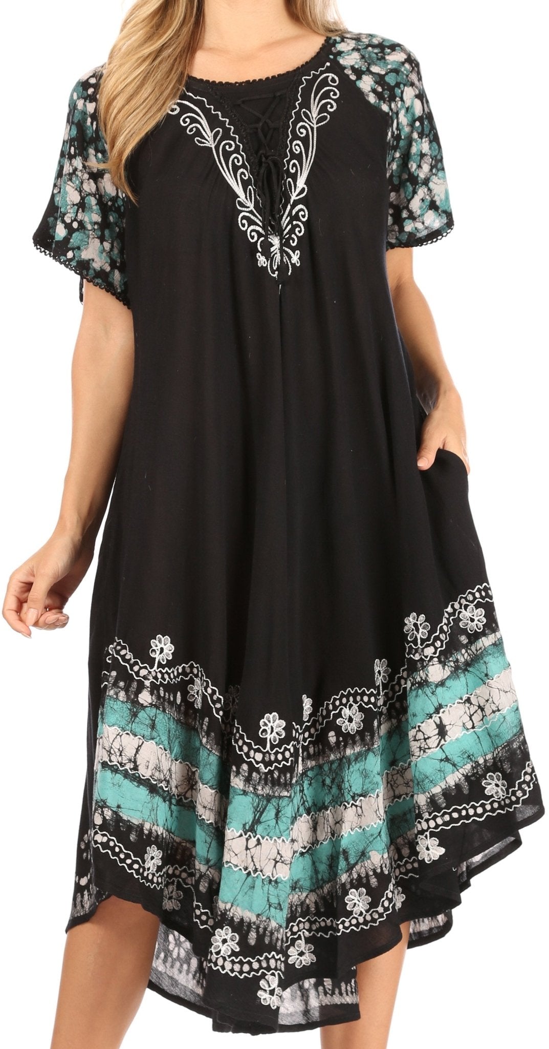 Sakkas Elisha Mid Length Batik Caftan Embroidered Cap Sleeves Floral Pattern dresses La Vie Bien Sakkas Elisha Mid Length Batik Caftan Embroidered Cap Sleeves Floral Pattern