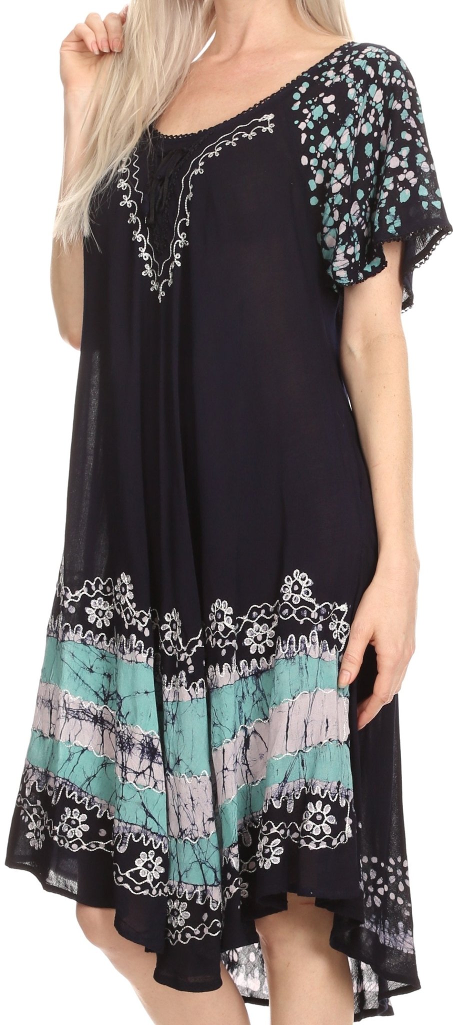 Sakkas Elisha Mid Length Batik Caftan Embroidered Cap Sleeves Floral Pattern dresses La Vie Bien Sakkas Elisha Mid Length Batik Caftan Embroidered Cap Sleeves Floral Pattern