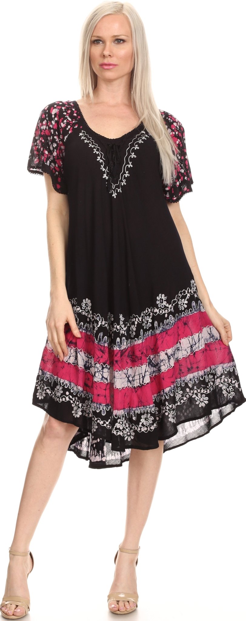 Sakkas Elisha Mid Length Batik Caftan Embroidered Cap Sleeves Floral Pattern dresses La Vie Bien Sakkas Elisha Mid Length Batik Caftan Embroidered Cap Sleeves Floral Pattern