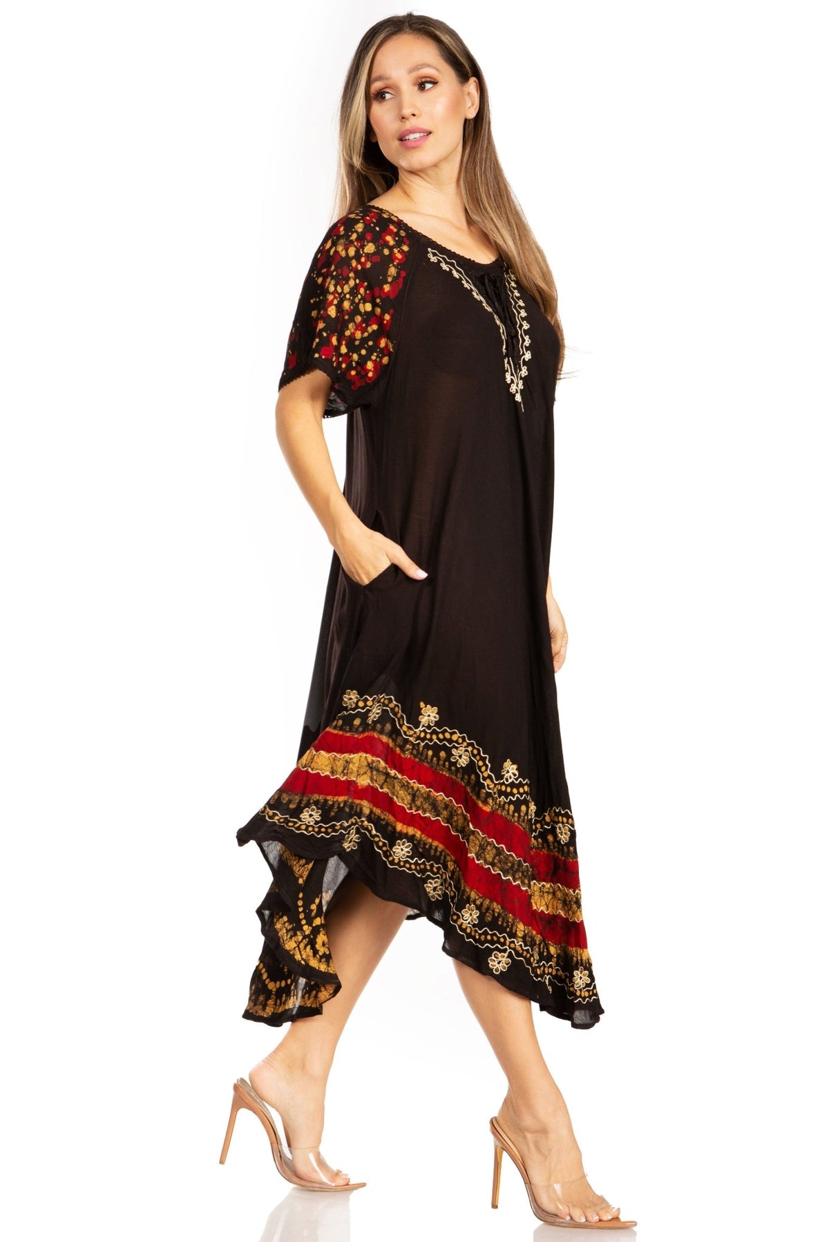 Sakkas Elisha Mid Length Batik Caftan Embroidered Cap Sleeves Floral Pattern dresses La Vie Bien Sakkas Elisha Mid Length Batik Caftan Embroidered Cap Sleeves Floral Pattern