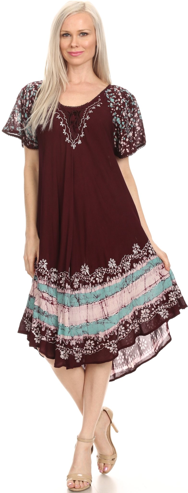 Sakkas Elisha Mid Length Batik Caftan Embroidered Cap Sleeves Floral Pattern dresses La Vie Bien Sakkas Elisha Mid Length Batik Caftan Embroidered Cap Sleeves Floral Pattern