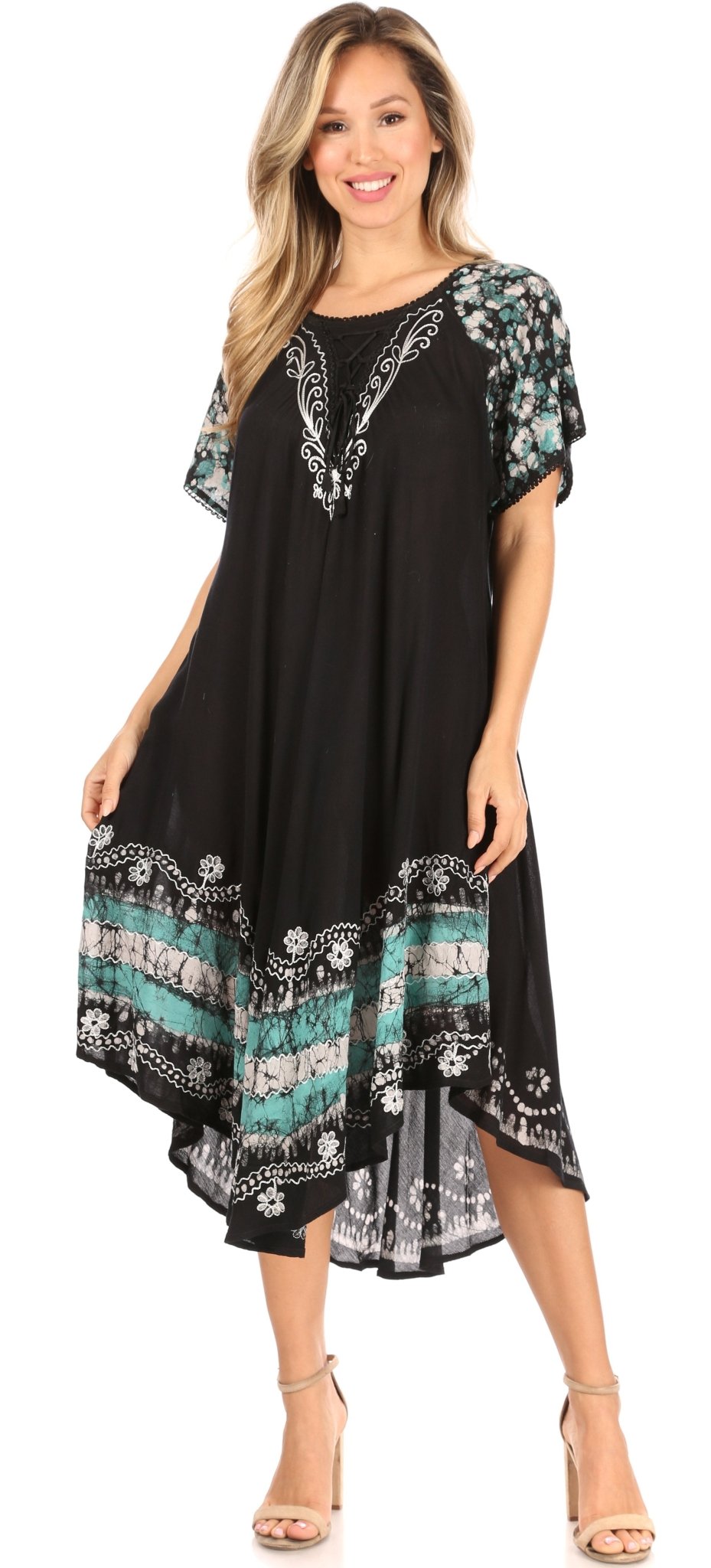 Sakkas Elisha Mid Length Batik Caftan Embroidered Cap Sleeves Floral Pattern dresses La Vie Bien Sakkas Elisha Mid Length Batik Caftan Embroidered Cap Sleeves Floral Pattern