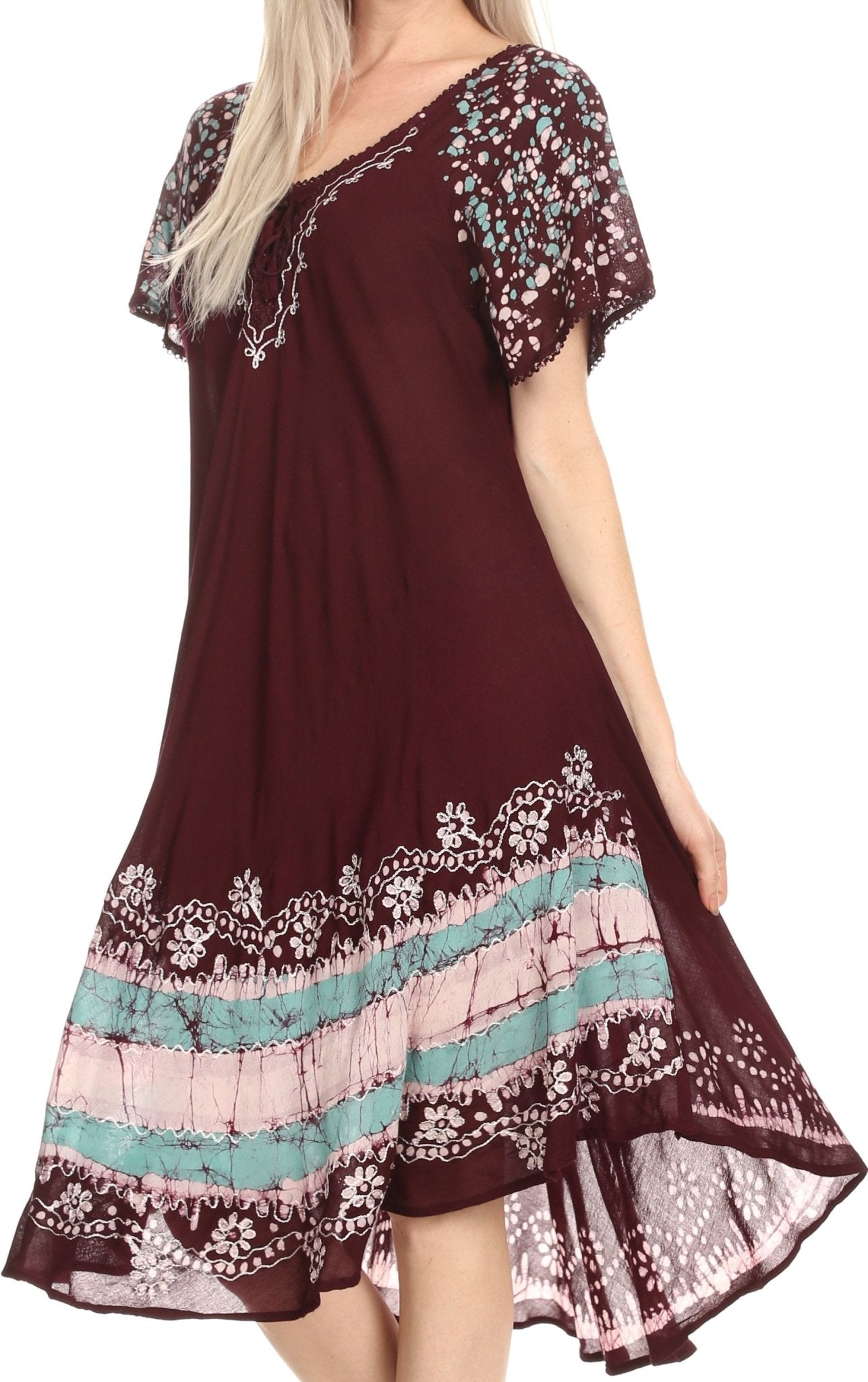Sakkas Elisha Mid Length Batik Caftan Embroidered Cap Sleeves Floral Pattern dresses La Vie Bien Sakkas Elisha Mid Length Batik Caftan Embroidered Cap Sleeves Floral Pattern
