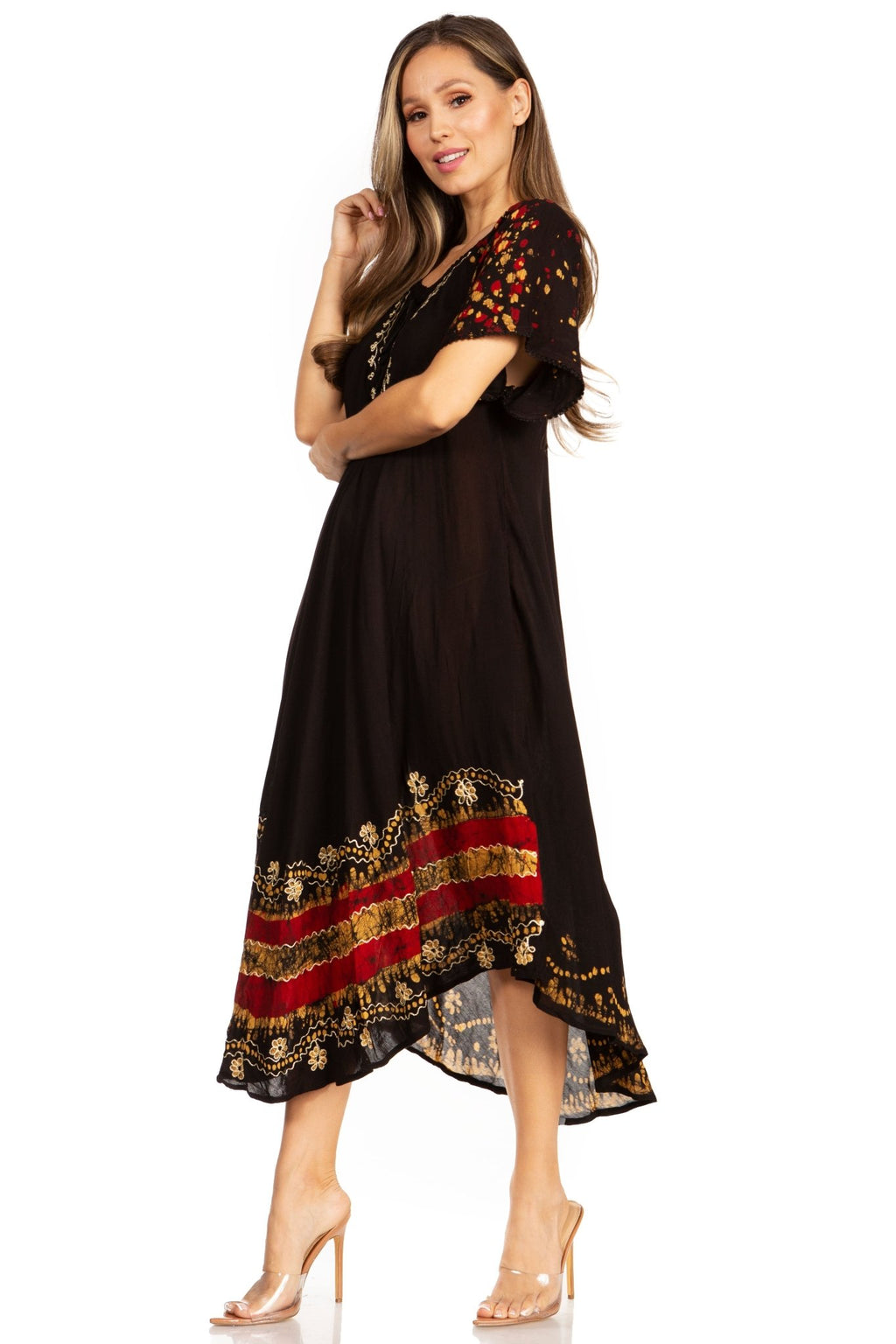 Sakkas Elisha Mid Length Batik Caftan Embroidered Cap Sleeves Floral Pattern dresses La Vie Bien Sakkas Elisha Mid Length Batik Caftan Embroidered Cap Sleeves Floral Pattern