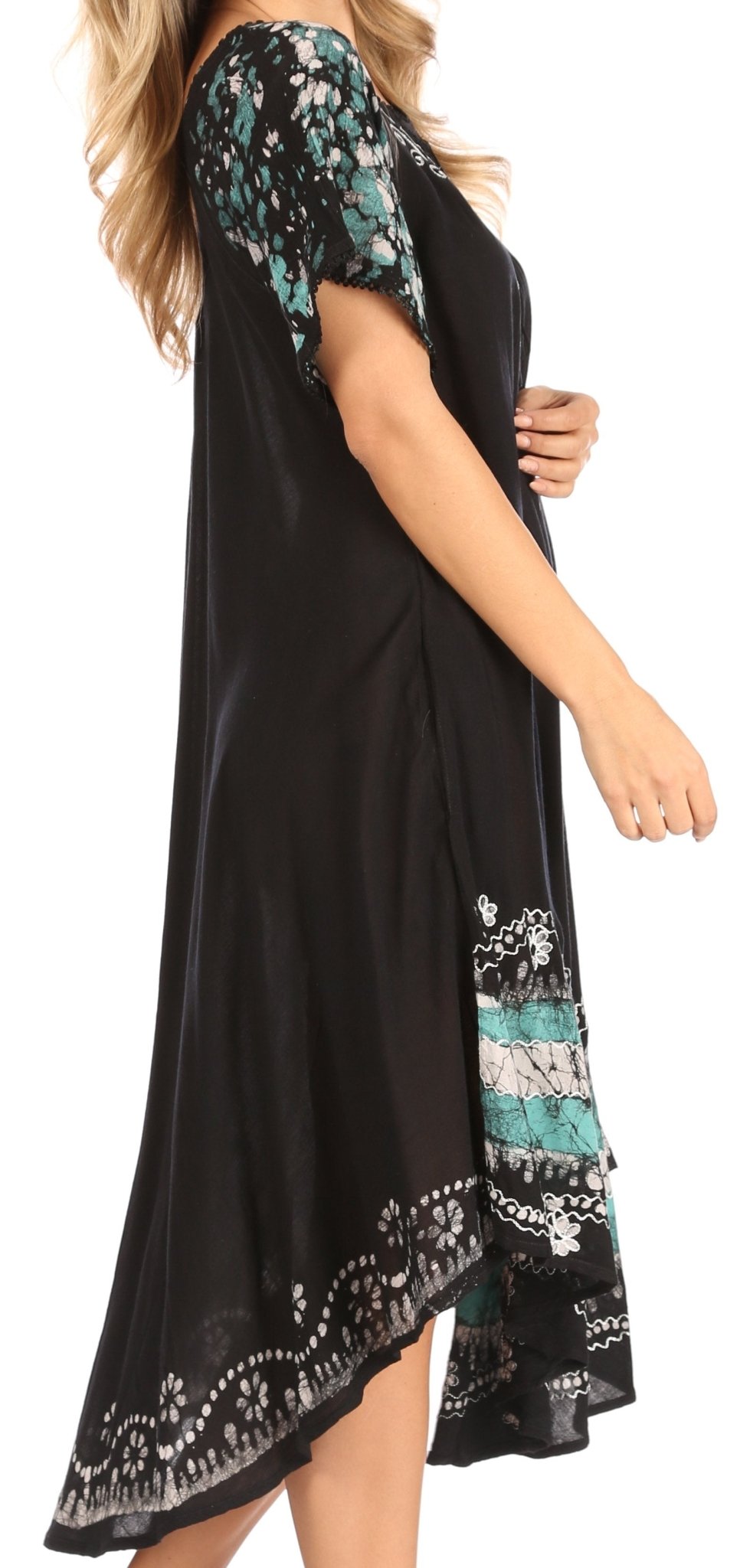 Sakkas Elisha Mid Length Batik Caftan Embroidered Cap Sleeves Floral Pattern dresses La Vie Bien Sakkas Elisha Mid Length Batik Caftan Embroidered Cap Sleeves Floral Pattern