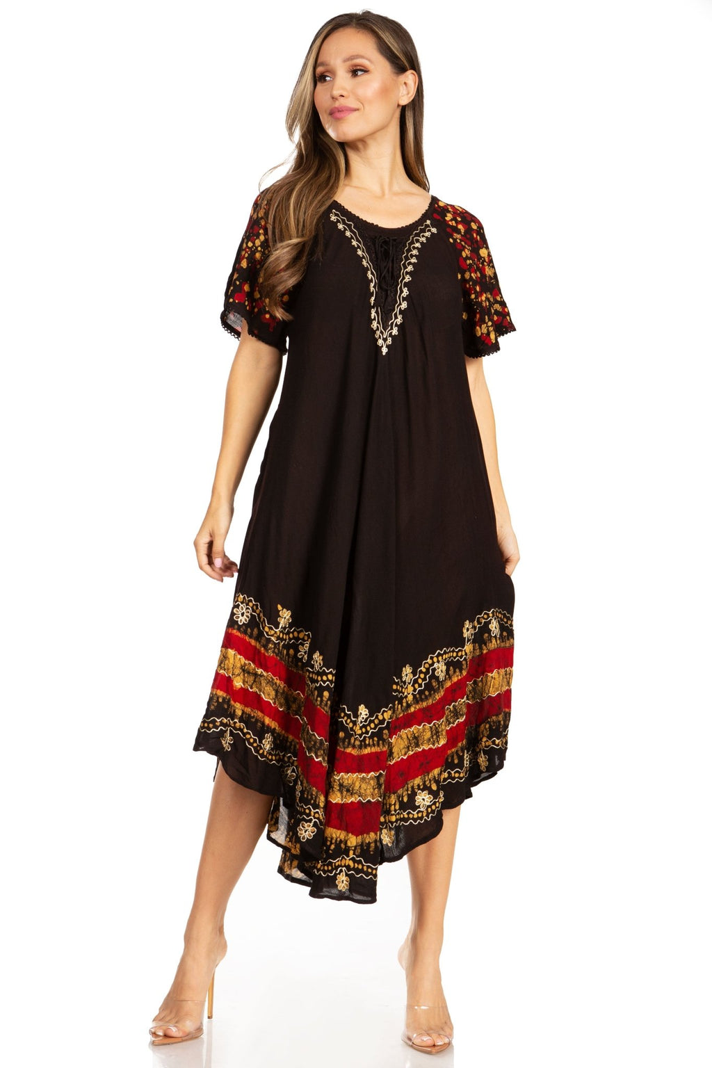 Sakkas Elisha Mid Length Batik Caftan Embroidered Cap Sleeves Floral Pattern dresses La Vie Bien Sakkas Elisha Mid Length Batik Caftan Embroidered Cap Sleeves Floral Pattern