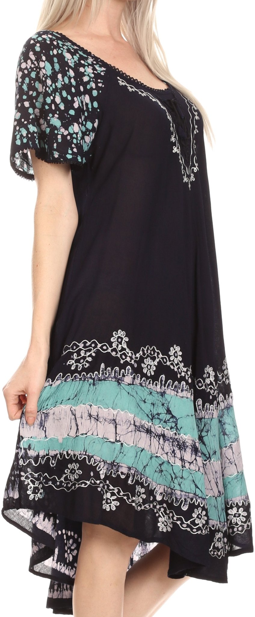 Sakkas Elisha Mid Length Batik Caftan Embroidered Cap Sleeves Floral Pattern dresses La Vie Bien Sakkas Elisha Mid Length Batik Caftan Embroidered Cap Sleeves Floral Pattern