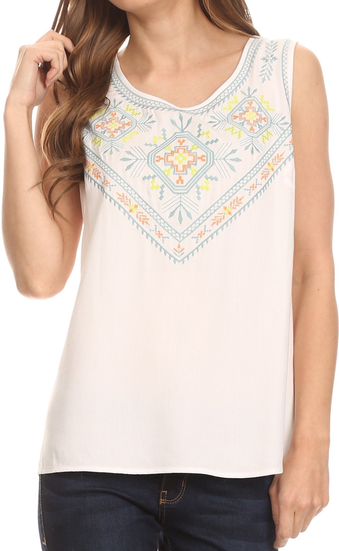 Sakkas Elita Sleeveless Tank Top Batik Aztec Embroidered Shirt Blouse TOPS La Vie Bien Sakkas Elita Sleeveless Tank Top Batik Aztec Embroidered Shirt Blouse